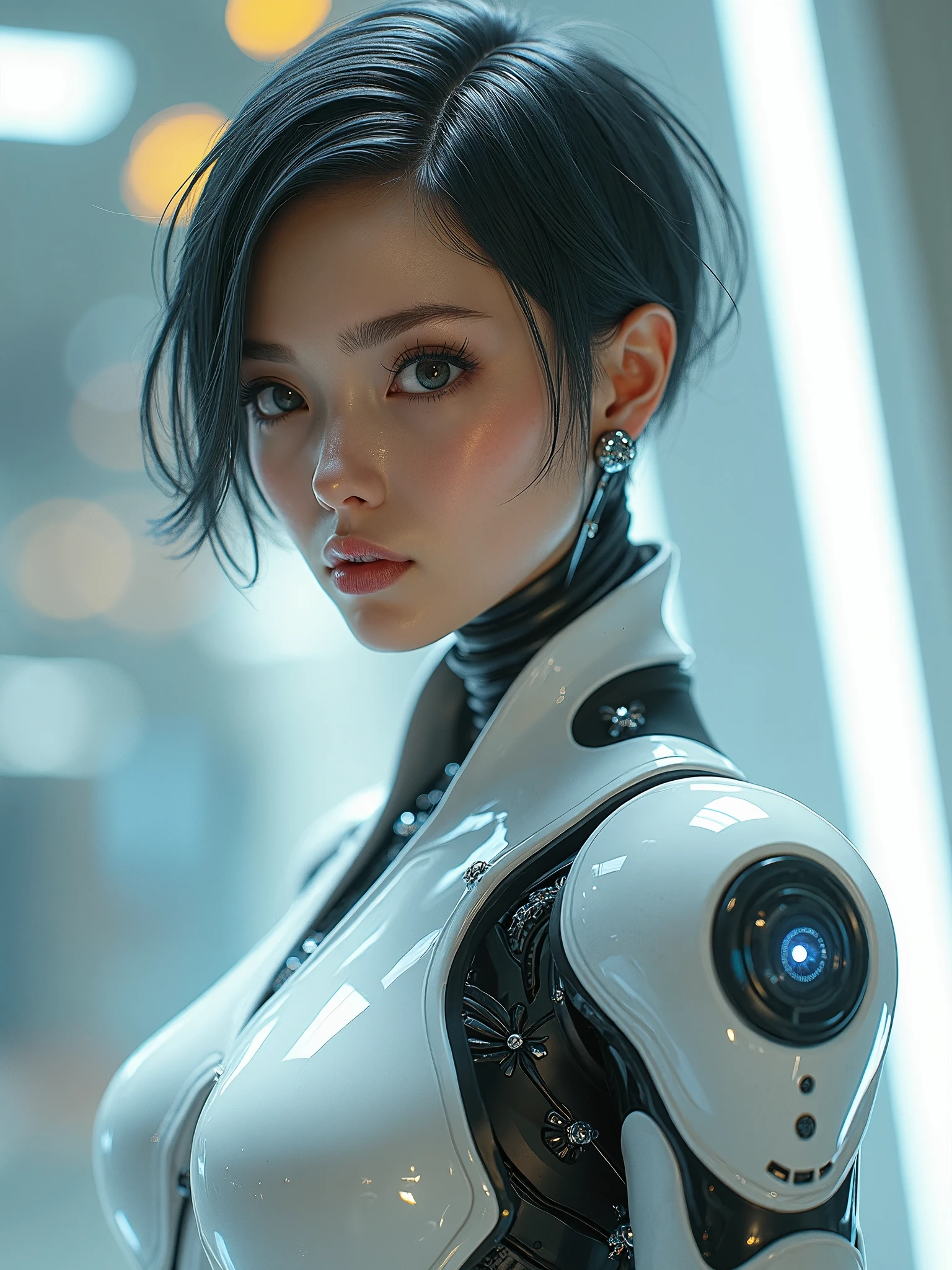 ((best quality)), ((masterpiece)), ((realistic)), (detailed), (photorealistic:1.5), a futuristic girl, (thick body), (white bodysuit), lights on armor, cybernetic headwear, looking at viewer, dynamic pose, post apocalyptic, destroyed city background, buildings on fire, science fiction, hdr, ray tracing, nvidia rtx, super-resolution, unreal 5, subsurface scattering, pbr texturing, post-processing, anisotropic filtering, depth of field, maximum clarity and sharpness, rule of thirds, 8k raw, (luminescent particles:1.4), (extremely detailed cg, unity 8k wallpaper, 3d, cinematic lighting, lens flare), reflections, sharp focus, cyberpunk art, cyberpunk architecture,