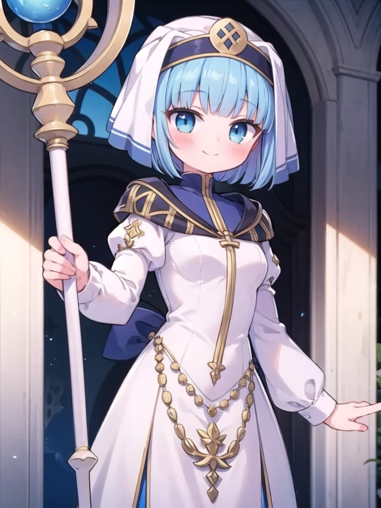 1girl, solo, masterpiece, best quality, good hands, blush, smile, closed mouth, blue eyes, silque, veil, dress, habit, nun, blue hair, short hair, long dress, white dress, long sleeves, holding magic staff, magic, juliet sleeves, cowboy shot, bob cut