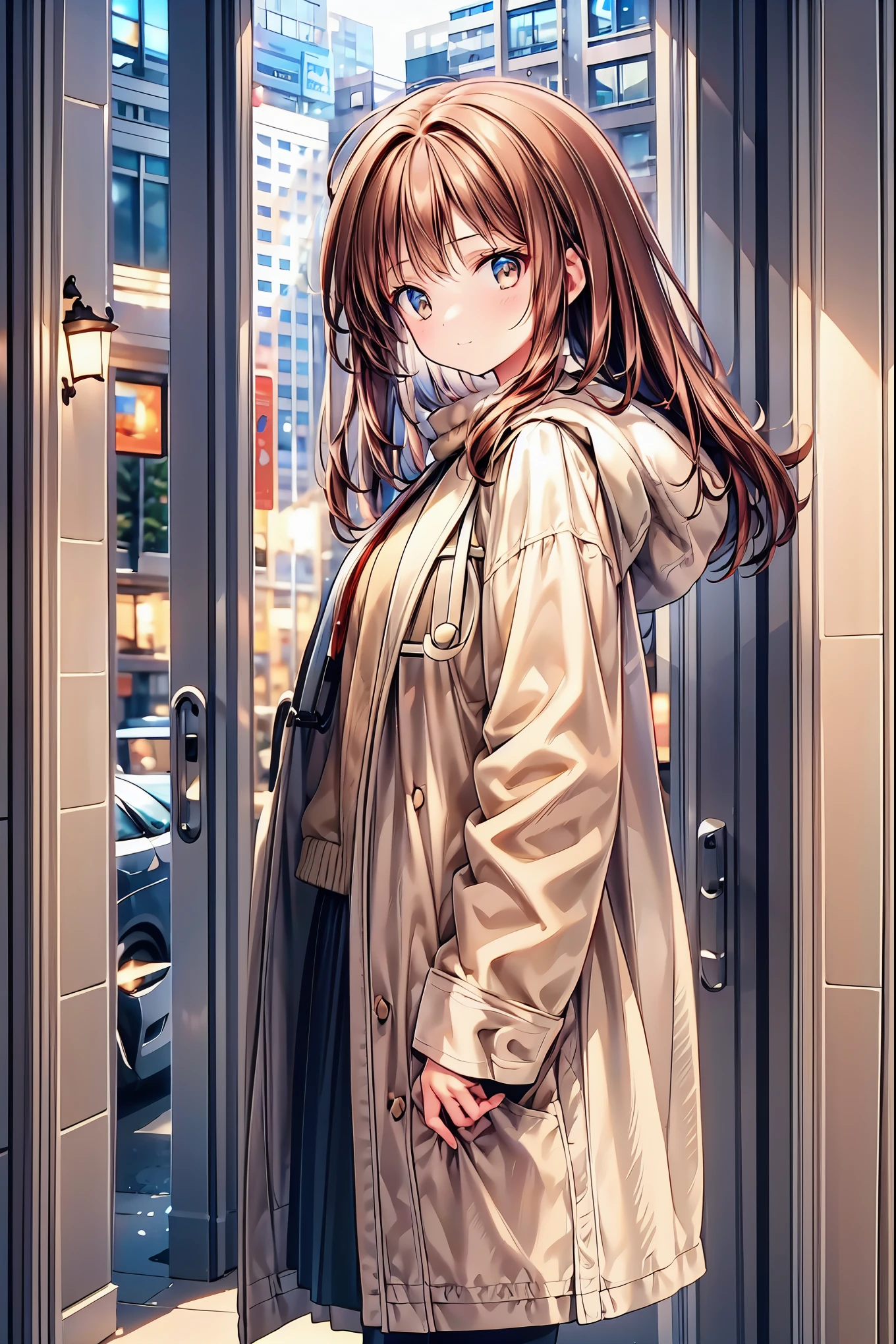 natural light, soft smile,t half up , brown hair,girl in a white coat