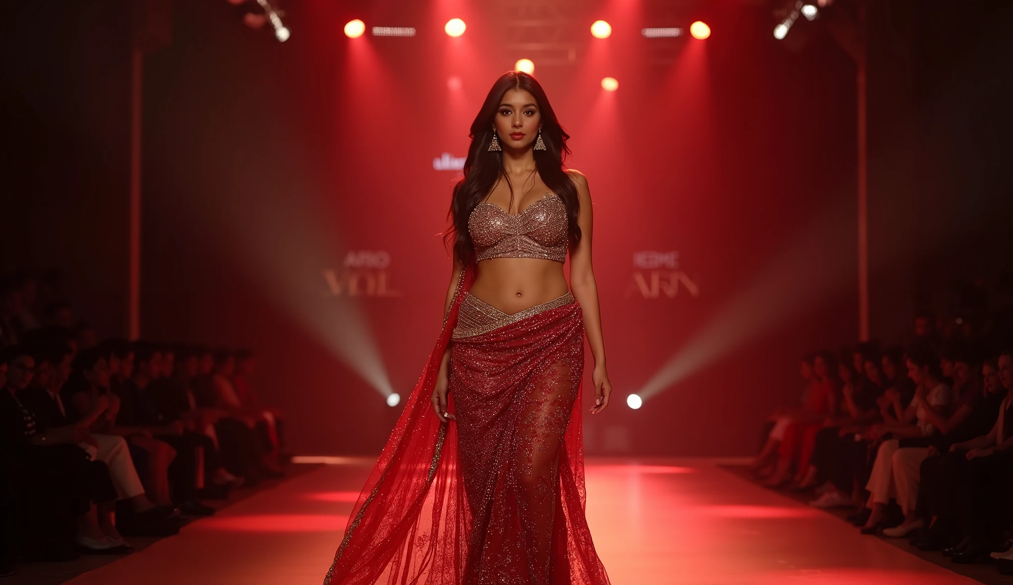night with lots of lighting. Indian model performing a ramp walk at a fashion show. A stylish rich and tall and big indian woman with extra large boobs and tall, at a fashion show. , sexy, ((Pause_random))、masterpiece, high quality, high quality, High resolution, (full body portrait)、View from front、seductive smile, , best quality, (((masterpiece))), high quality, realist, best detailed, details, realist skin, skin detailed, underboobs, beautiful posing under a fairy tale of exotic magic,lehenga choli, red lipstick. She walks confidently and casually. Focus on aspects such as attire, style, confidence, and ambiance. with slow motion. she is walking and, Camera Zooms out
