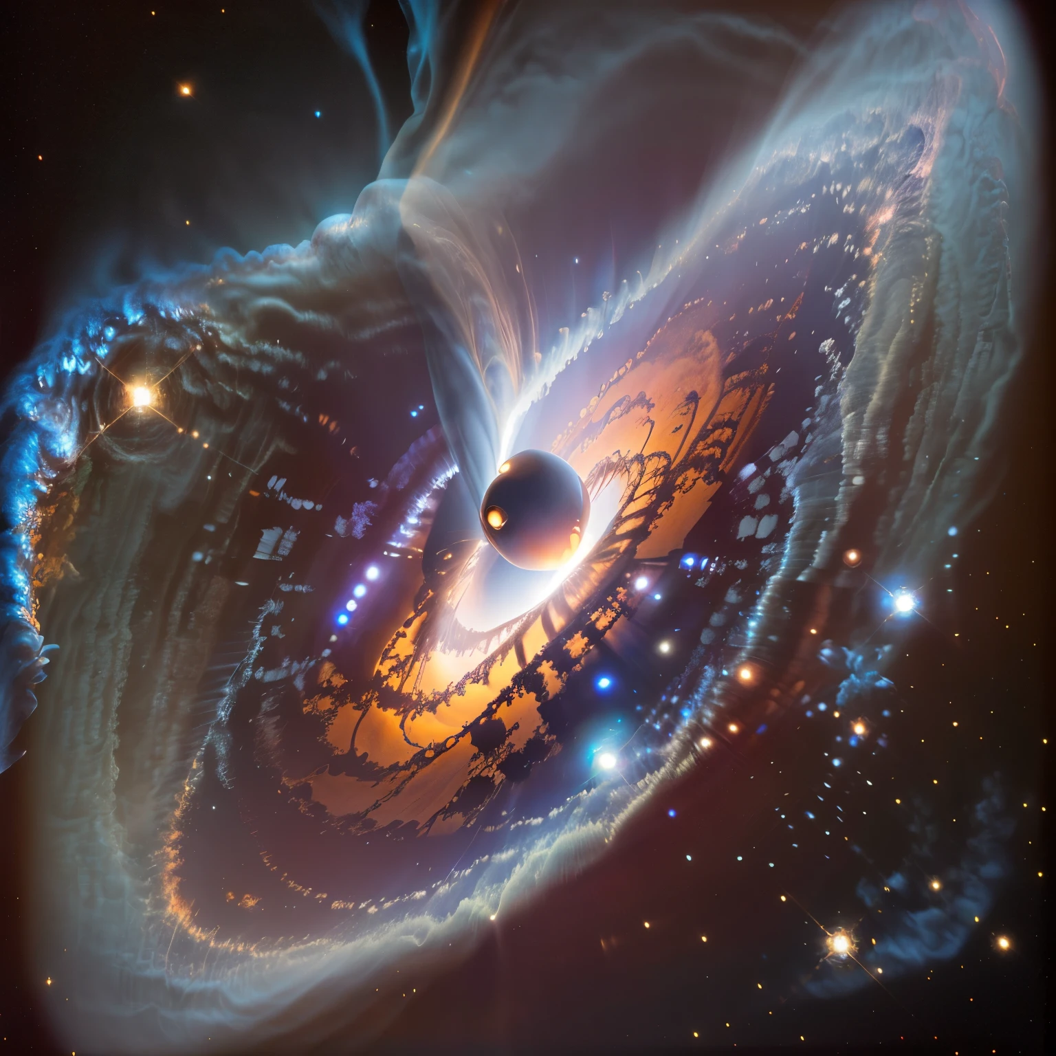 a close up of a black hole in the center of a galaxy, coming out of a black hole, black hole in space, black hole time portal, black hole with accretion disс, black holeに吸い込まれている, black holeへの旅, black hole event horizon, inside of a black hole, black hole, luminous black hole portal,中央には星間映画の巨大な black hole, Super High Definition, high definition , High Quality , plasma clouds 、gravitational radiation 、 swirling chaotic light 、 emits huge plasma jets vertically from the center 、