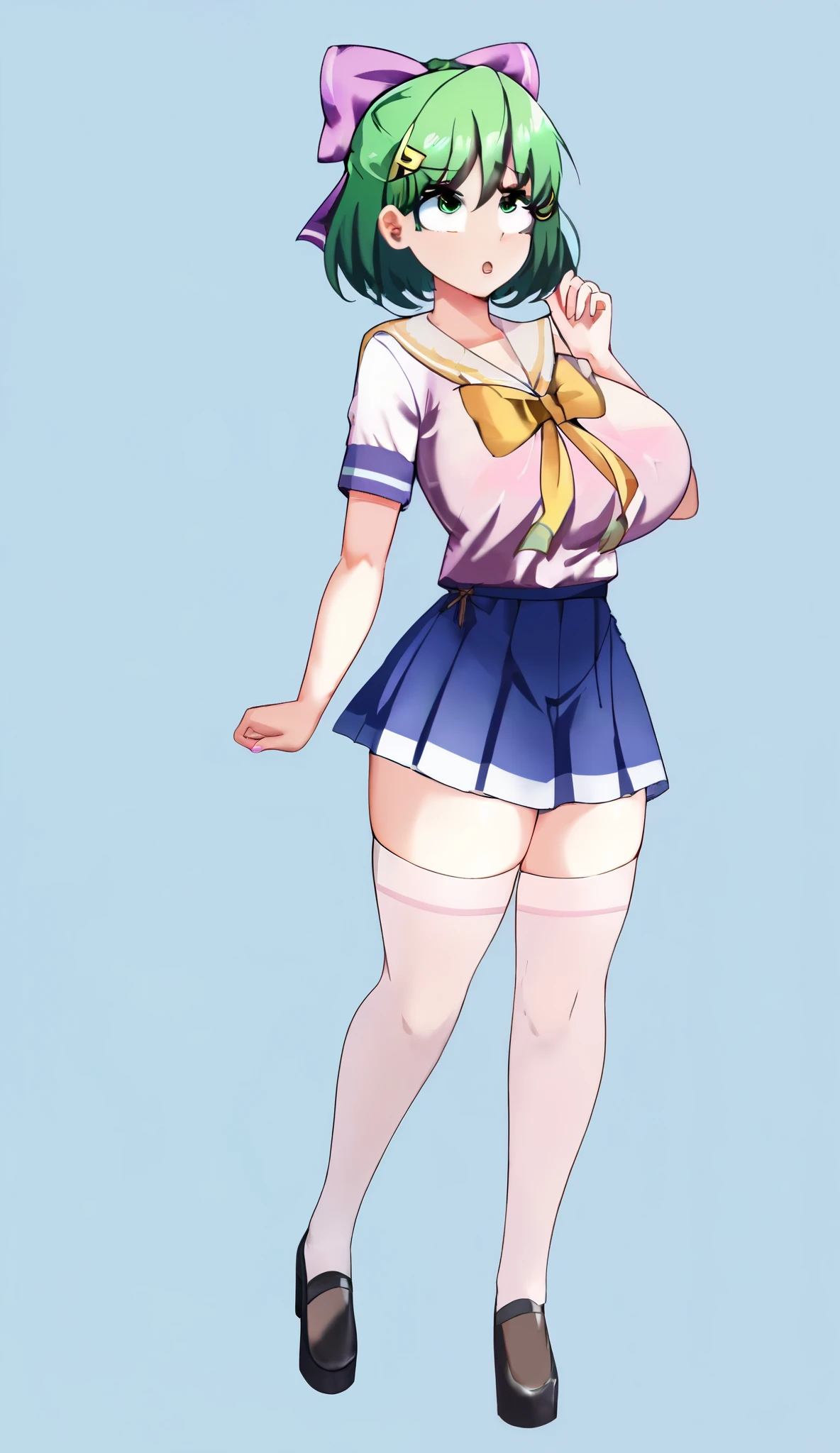 Fraction_9, Fraction_8_up, Fraction_7_up, Fraction_6_up, Fraction_5_up, Fraction_4_up, Resources _ japanese cartoon , , Tag 2, quality_ masterpiece, anatomically accurate , detailed skin , Super Breasts, sexy woman , 成Mature Woman性, Mature Woman, Maternal, charm, Hand of Love , Curvy Beauty, full, Very Awkward , giggle, bedroom-like eyes , Looking up, Full body clothing, Lean forward , Under underwear , Touch , black face , stocking , Wet shirt , short green hair, green eyes, purple bow headdress, hair clips, purple and yellow sailor collar, sailor suit, blue pleated skirt, white stockings, l dorky hair.
Short green hair, green eyes, purple bow headpiece, Barrette .GreenHairBowGirl