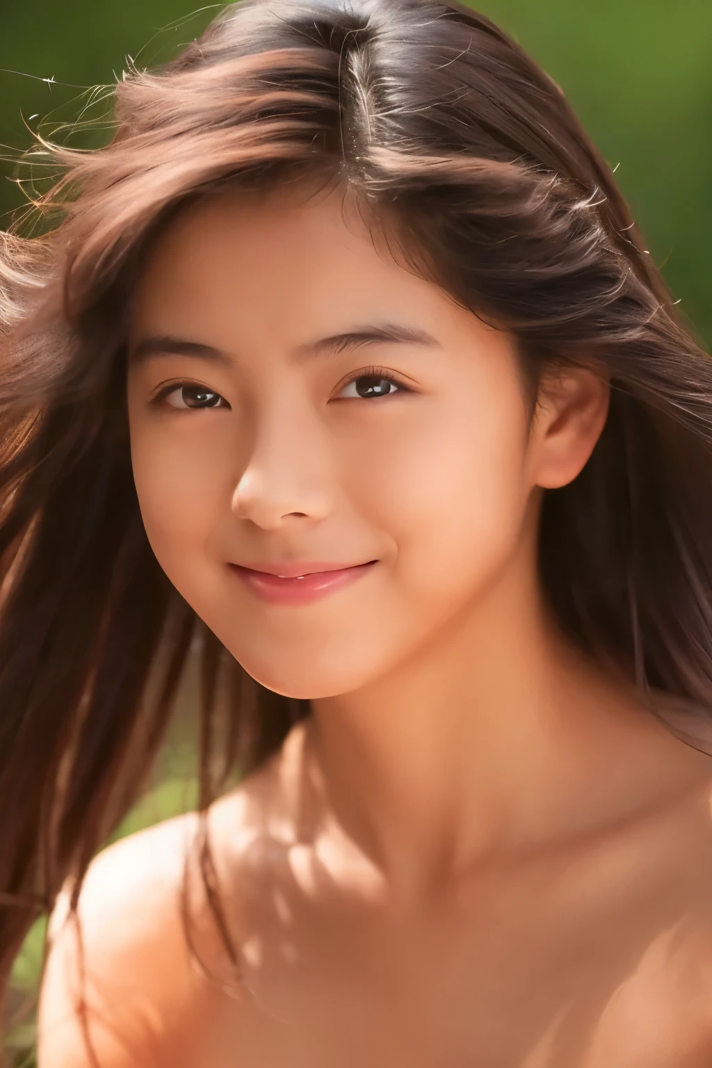 (nude), (( top quality, masterpiece:1.3,   ultra high definition )), ( Photorealistic :1.4, RAW shooting), Ultra-realistic capture, High definition,  high definition 16K for human skin ,  Wistful ,  skinny Japanese woman , ,  cute face,  detailed face ,   detailed eyes , (( Exact Anatomy)),  dark-haired, middle hair, hair blowing in the wind、 cheeks turn red、smile, upper body shot