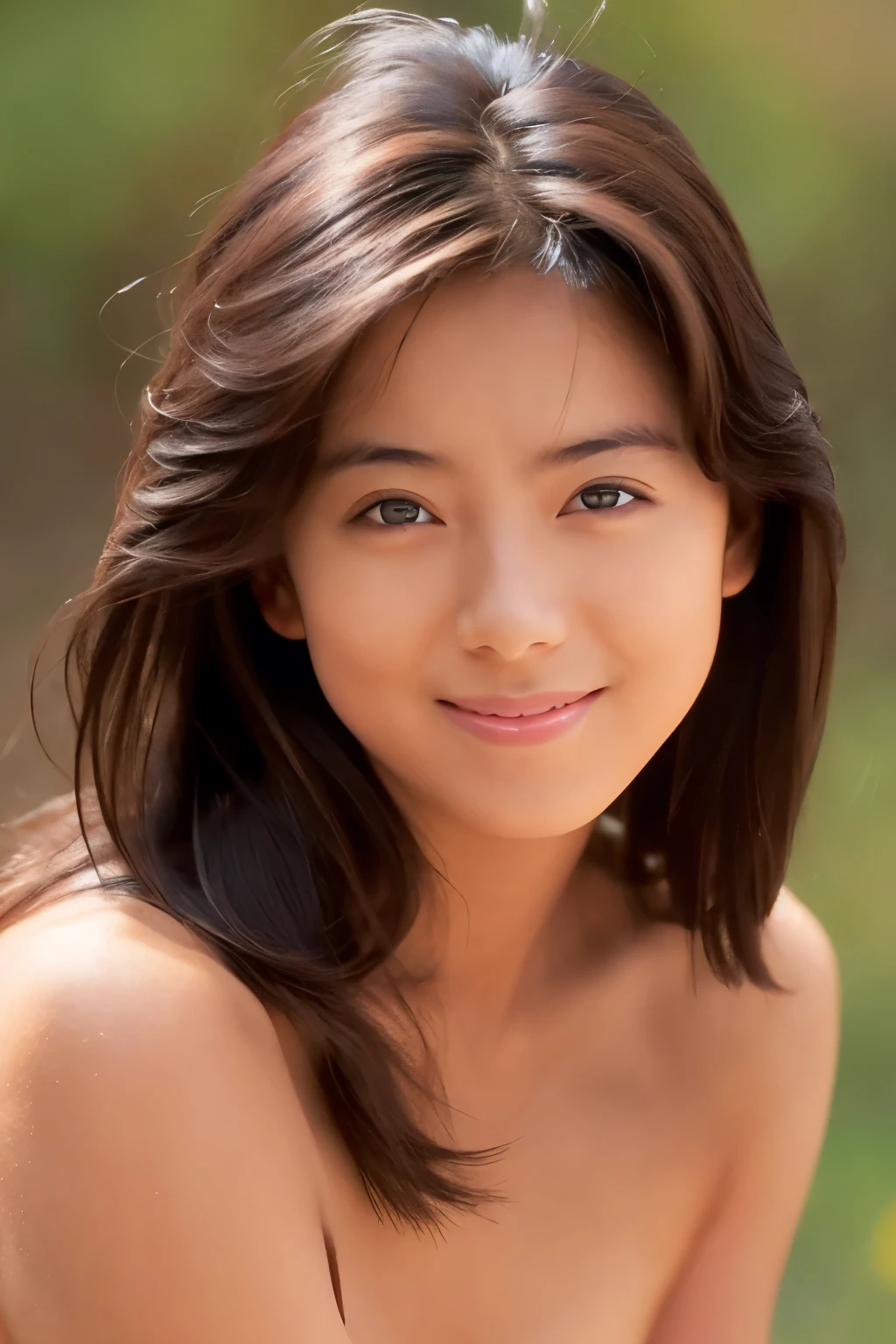 ((nude)), (( top quality, masterpiece:1.3,   ultra high definition )), ( Photorealistic :1.4, RAW shooting), Ultra-realistic capture, High definition,  high definition 16K for human skin ,  Wistful ,  skinny Japanese woman , cute face,  detailed face ,   detailed eyes , (( Exact Anatomy)),  dark-haired, middle hair, hair blowing in the wind、 cheeks turn red、smile, upper body shot、歯を見せて笑う