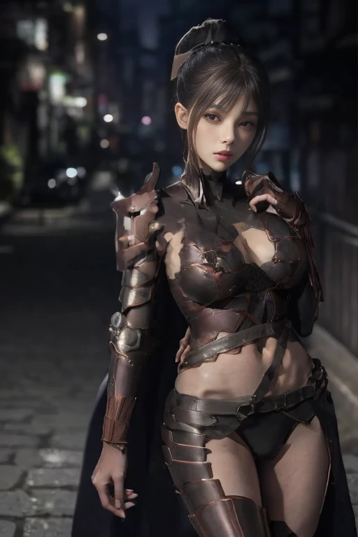 Create an image of the most stunningly gorgeous beautiful kijin, Stunningly gorgeous perfect face,  perfect makeup, detailed perfect silky smooth skin texture, detailed hour glass body figure, very long styled hair,  (black kijin armor spiked), ((underboob))), long sexy horns, 