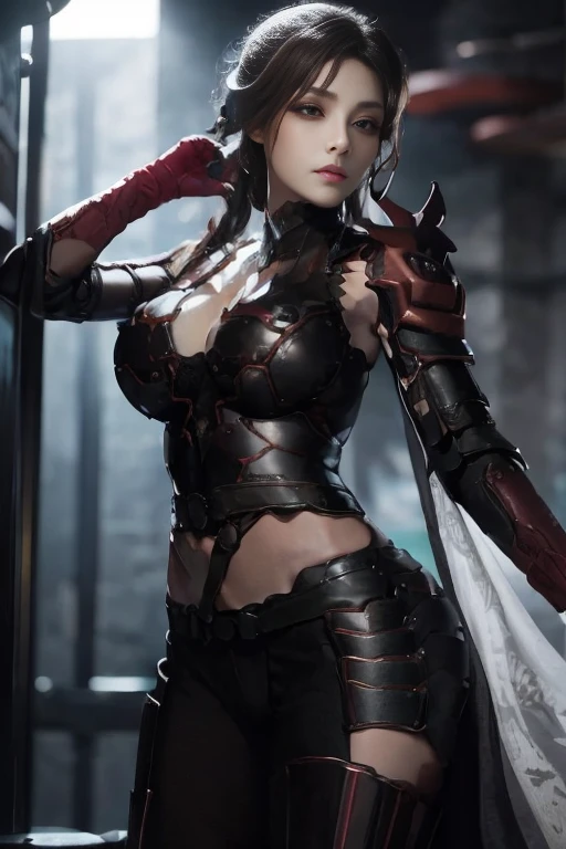 Create an image of the most stunningly gorgeous beautiful kijin, Stunningly gorgeous perfect face,  perfect makeup, detailed perfect silky smooth skin texture, detailed hour glass body figure, very long styled hair,  (black kijin armor spiked), ((underboob))), long sexy horns, 