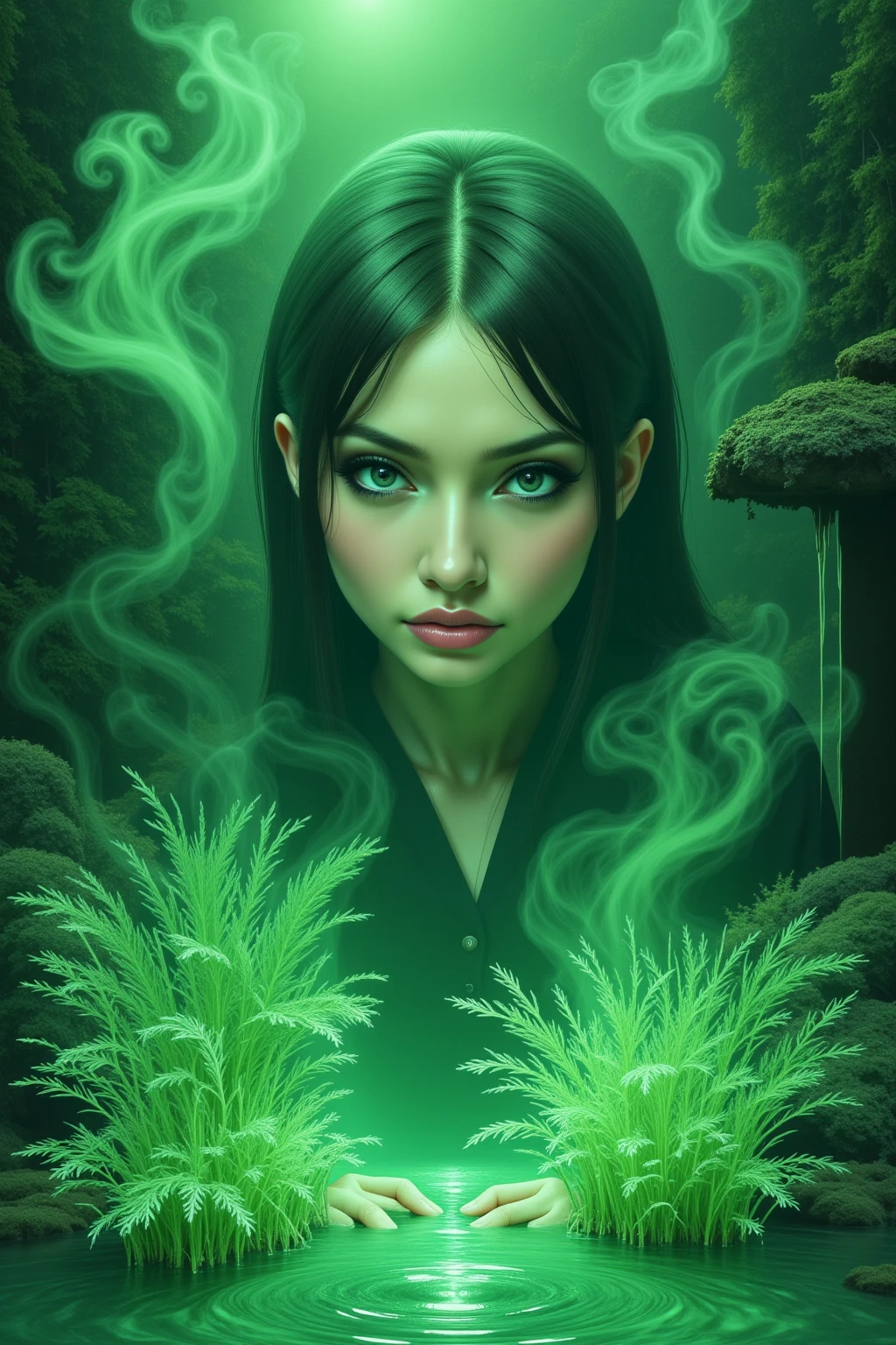 (Ultra-detailed face, looking away, Fantasy Illustration with Gothic, Ukiyo-e, Comic Art, Rich colors), 
BREAK 
(This is a world made of green acid. In the pool of acid, there is a gush of smoke and a pungent green smoke. Plants made of glass fibers suck up the acid from their roots, and the acid drips from their trunks, stems, and leaves like rain.)