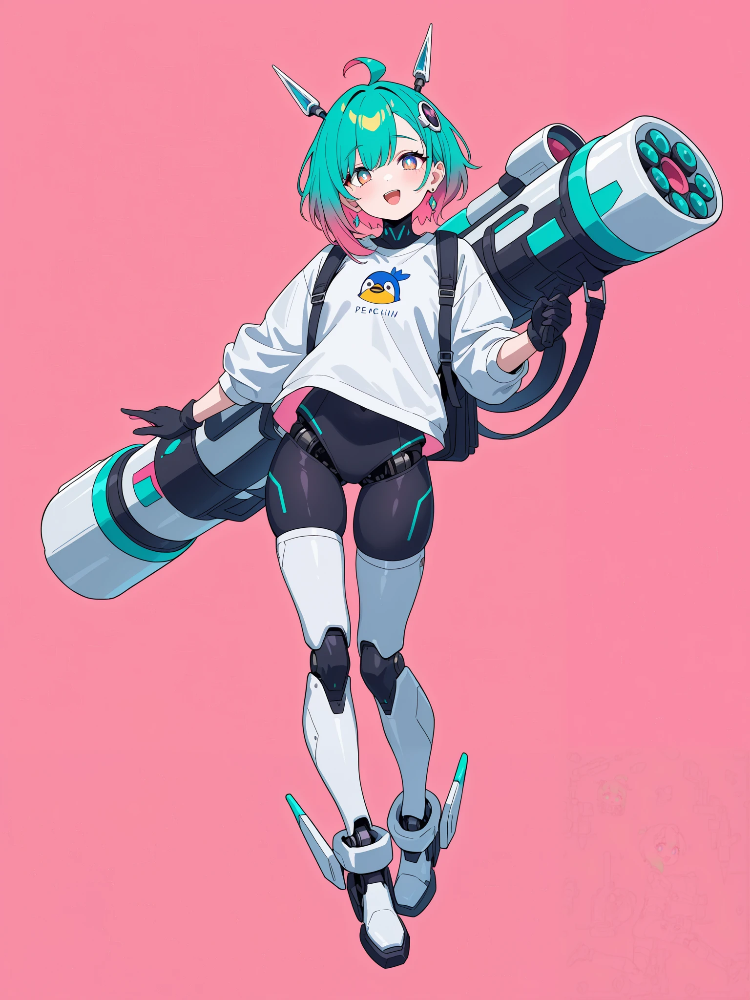 Mechanical Hair Ornament, full-length portrait or statue, Girl with heavy machine on her back, Abatomically Correct, Girl wearing knickerbockers on android legs, full body, Shirt with penguin illustration, Pink Almond Background, Pink Background, Peacock Green Hair, Girl equipped with Rocket Launcher, Masterpiece, The moment the girl is about to kick the ground and fly, Woman with android-like legs, Tachi-e, High Resolution, Character Design, Ahoge, Super Detailed, Modern, Bright Pupils, Earrings, Asymmetrical Hair, Solo, 1girl, Gradient Hair, Very Pretty Lady, Open Mouth, Flexible and Very Nice Body, Smile, Green Hair, Action Painting, Multicolored Eyes, Raised Eyebrows, Colored Eyelashes, Pupils Sparkling, Naughty