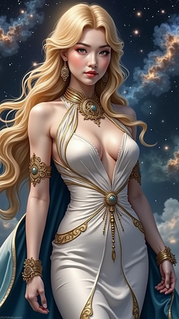 The goddess who rules the seasons is exerting her power in a mysterious space where the four seasons exist at the same time. Her dress is made of symbols of the four seasons, and she has a crown of stars on her head. 8k , HD, highly detailed, realistic, photography, photo realism, --ar 9:16 -- at 6.0 --s 750,19 years old, alone, Long Hair, View your viewers, Blonde, Brown eyes, gem, whole body, Realistic, Sexy、Big Breasts 、stockings、clip on earrings,during,bracelet、embarrassed,blush,teache、