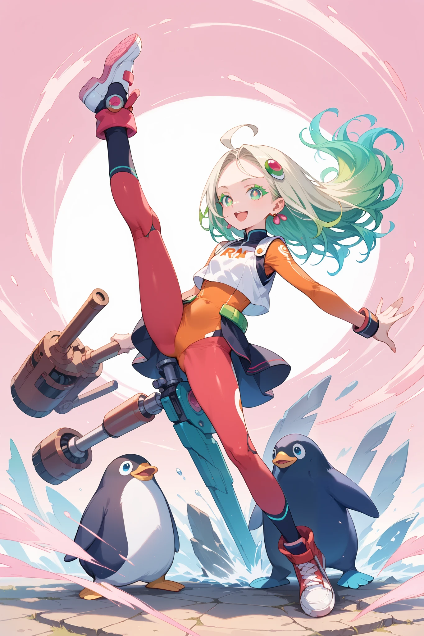 Mechanical Hair Ornament, full-length portrait or statue, Girl with heavy machine on her back, Abatomically Correct, Girl wearing knickerbockers on android legs, full body, Shirt with penguin illustration, Pink Almond Background, Pink Background, Peacock Green Hair, Girl equipped with Rocket Launcher, Masterpiece, The moment the girl is about to kick the ground and fly, Woman with android-like legs, Tachi-e, High Resolution, Character Design, Ahoge, Super Detailed, Modern, Bright Pupils, Earrings, Asymmetrical Hair, Solo, 1girl, Gradient Hair, Very Pretty Lady, Open Mouth, Flexible and Very Nice Body, Smile, Green Hair, Action Painting, Multicolored Eyes, Raised Eyebrows, Colored Eyelashes, Pupils Sparkling, Naughty