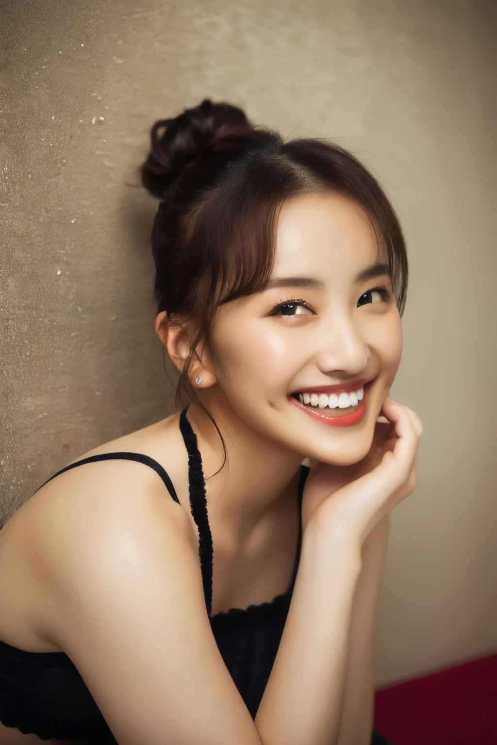 (masterpiece, top quality, The beautiful quality of , Photorealistic , detailed lighting , Extremely detailed skin, Extremely Detailed Hair , Shadow, 8k, black hair, upper body, One Girl , smile, (((Ponytail))), teeth, Watch Viewers , Dimples, Dimpless on cheeks, fc portrait:1.2), RED underwear、チョーカー、オフショルダー