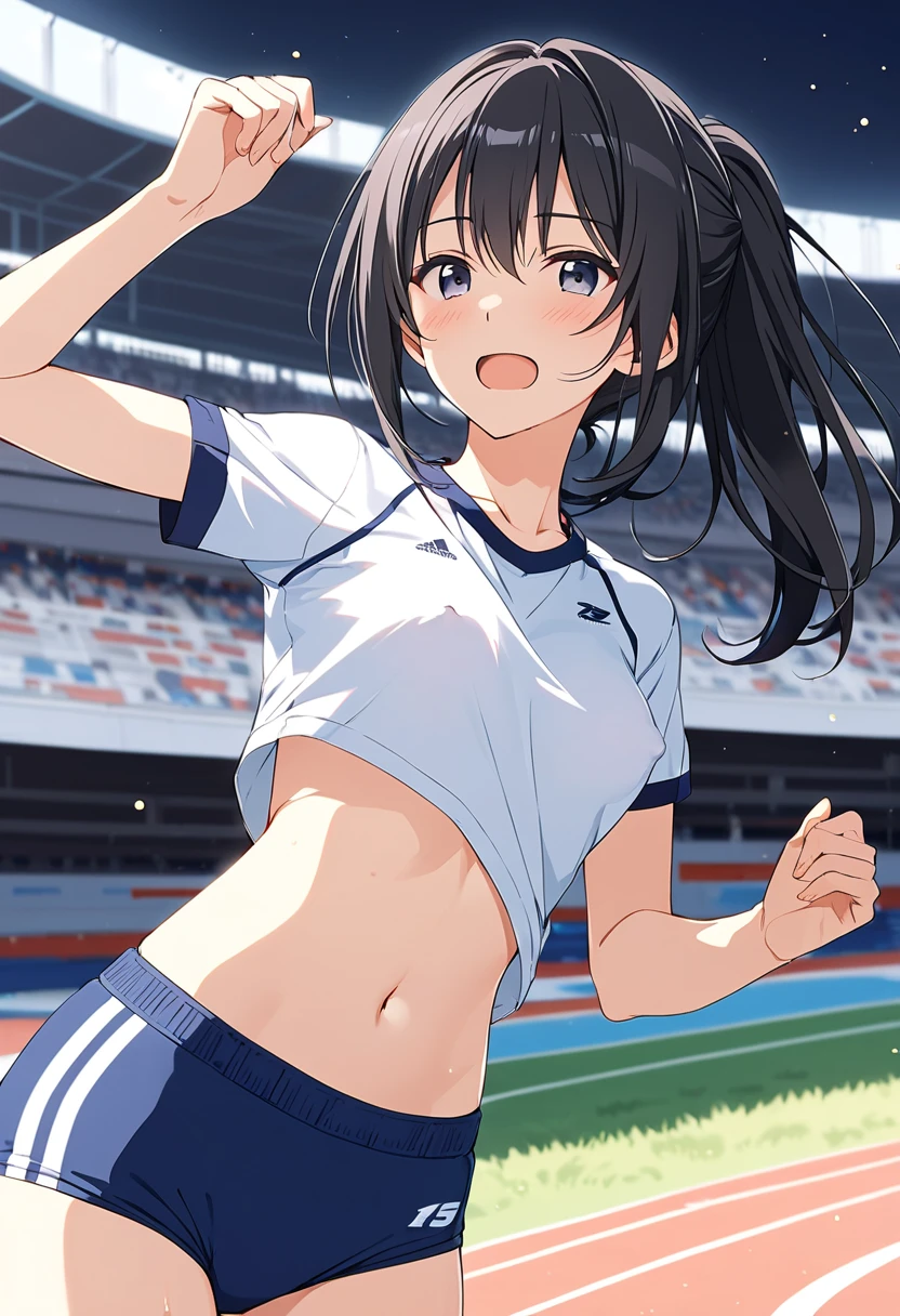 an 18 year old girl、pony tails、quality、masterpiece、超高分辨率、(真实感:1.4)、The is very detailed、Professional lighting smile、play soccer、stadio、Skinny sticky crop top and shorts、kawaii、perspired、Positive、Sano --auto
