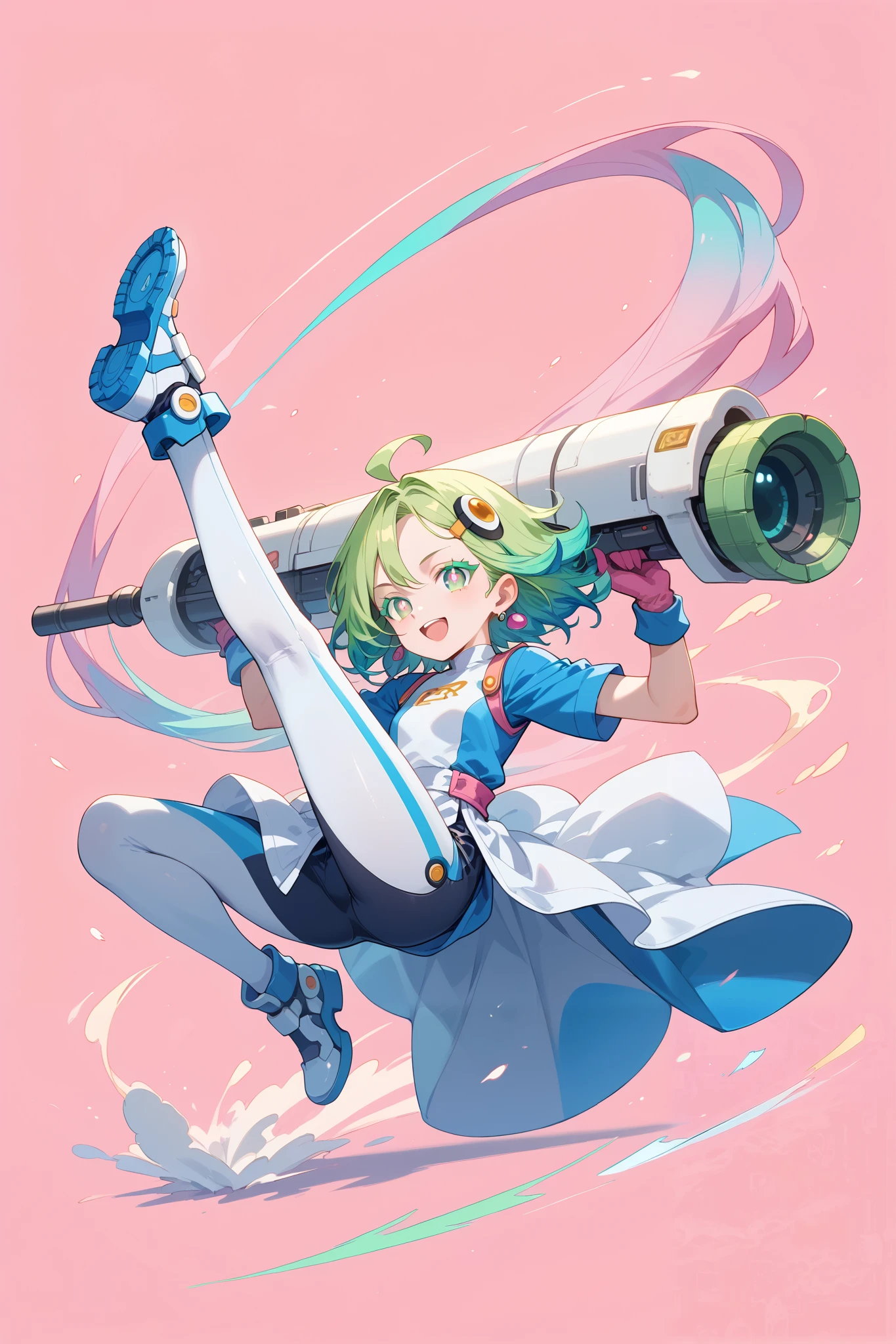 Mechanical Hair Ornament, full-length portrait or statue, Girl with heavy machine on her back, Abatomically Correct, Girl wearing knickerbockers on android legs, full body, Shirt with penguin illustration, Pink Almond Background, Pink Background, Peacock Green Hair, Girl equipped with Rocket Launcher, Masterpiece, The moment the girl is about to kick the ground and fly, Woman with android-like legs, Tachi-e, High Resolution, Character Design, Ahoge, Super Detailed, Modern, Bright Pupils, Earrings, Asymmetrical Hair, Solo, 1girl, Gradient Hair, Very Pretty Lady, Open Mouth, Flexible and Very Nice Body, Smile, Green Hair, Action Painting, Multicolored Eyes, Raised Eyebrows, Colored Eyelashes, Pupils Sparkling, Naughty