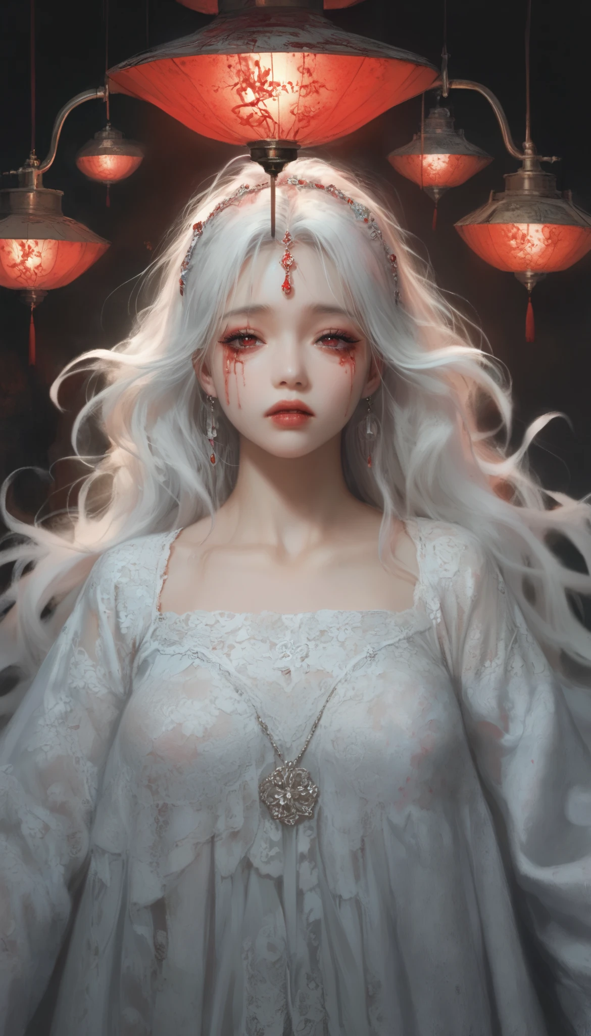 (masterpiece,   best quality  :1.2),  1 woman,   alone, Maiden Ghost Monster,   Korean , Hanbok,  White Sobu , White hair, Joseon dynasty houses, (  huge boobs   :1.4),   Red Eyes, lamplight ,   very long hair  ,  clear skin ,  Black Eye Line , Red lips, sad expression, Shedding tears of blood,  cool atmosphere, 