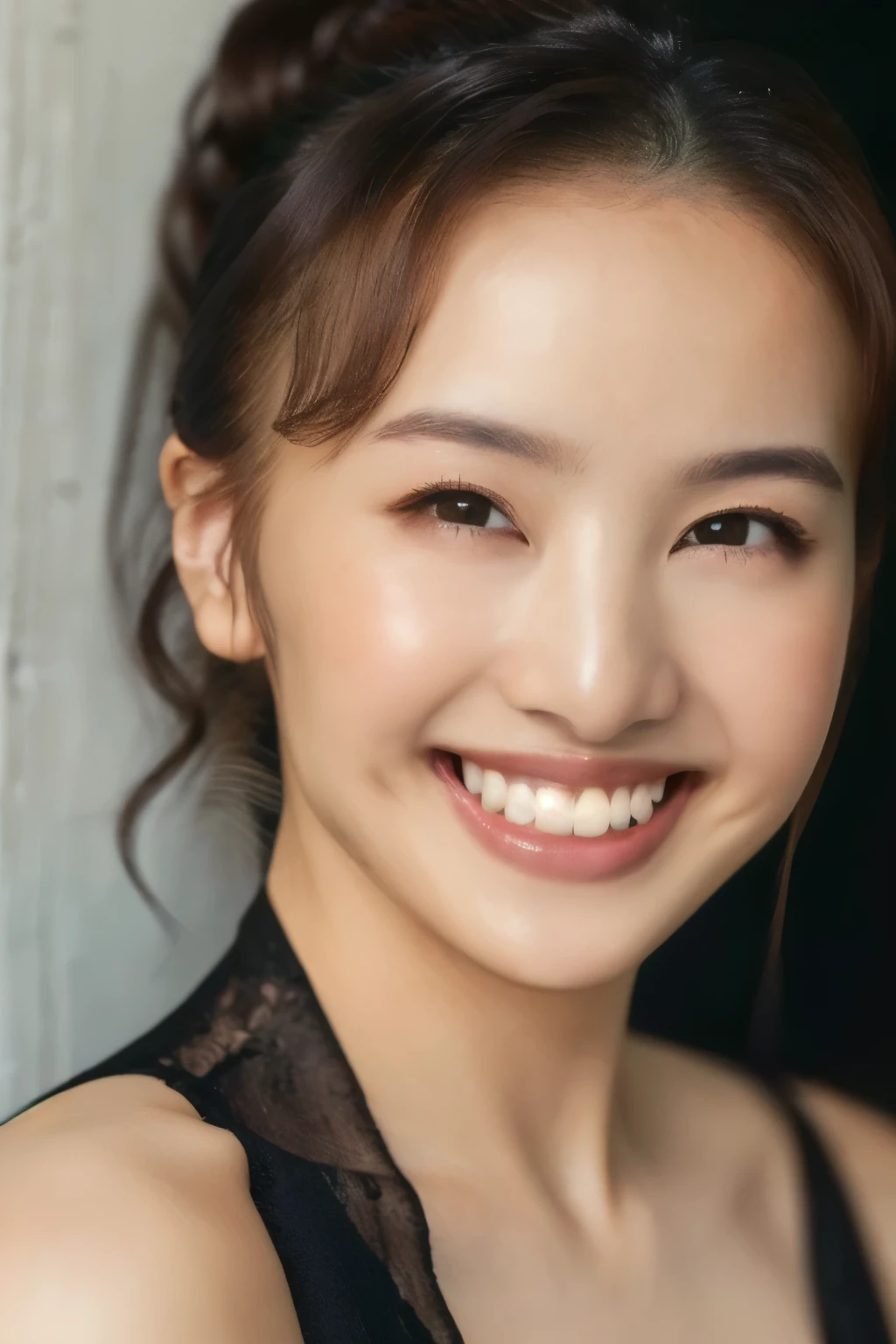 ((nude)), (masterpiece, top quality, The beautiful quality of , Photorealistic , detailed lighting , Extremely detailed skin, Extremely Detailed Hair , Shadow, 8k, black hair, upper body, One Girl , smile, (((Ponytail))), teeth, Watch Viewers , Dimples, Dimpless on cheeks, fc portrait:1.2), チョーカー、