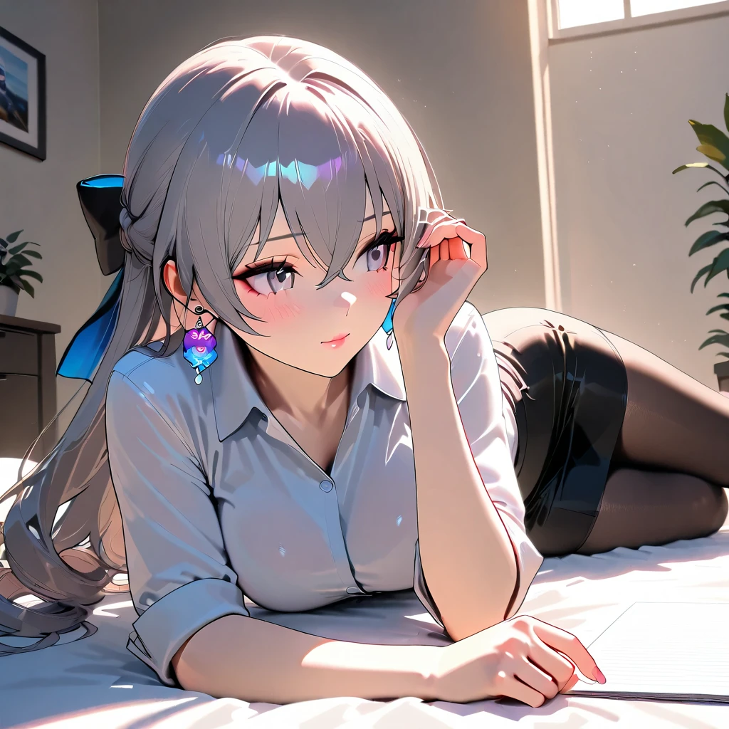 Masterpiece, best quality, retina, detailed, super detailed, 3d rendering, UHD, 4k, accurate, realistic, dynamic, delicate, high resolution, anatomically correct, bronya, office shirt, pencil skirt, pantyhose, look away, lying on bed, wiping hair, blush, aroused, make up, pink lips, 