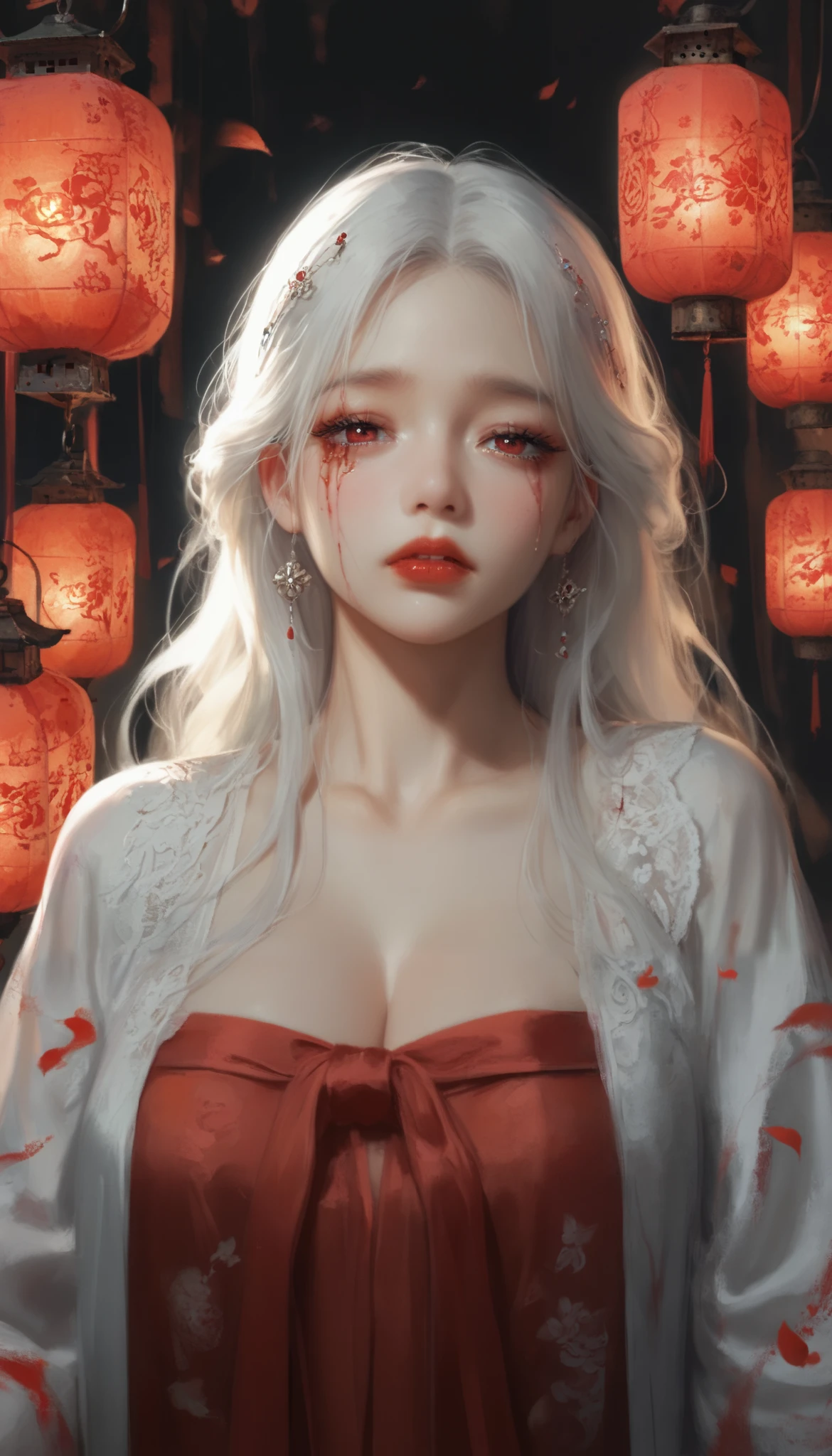 (masterpiece,   best quality  :1.2),  1 woman,   alone, Maiden Ghost Monster,   Korean , Hanbok,  White Sobu , White hair, Joseon dynasty houses, (  huge boobs   :1.4),   Red Eyes, Lantern  ,   very long hair  ,  clear skin ,  Black Eye Line , Red lips, sad expression, Shedding tears of blood,  cool atmosphere, 