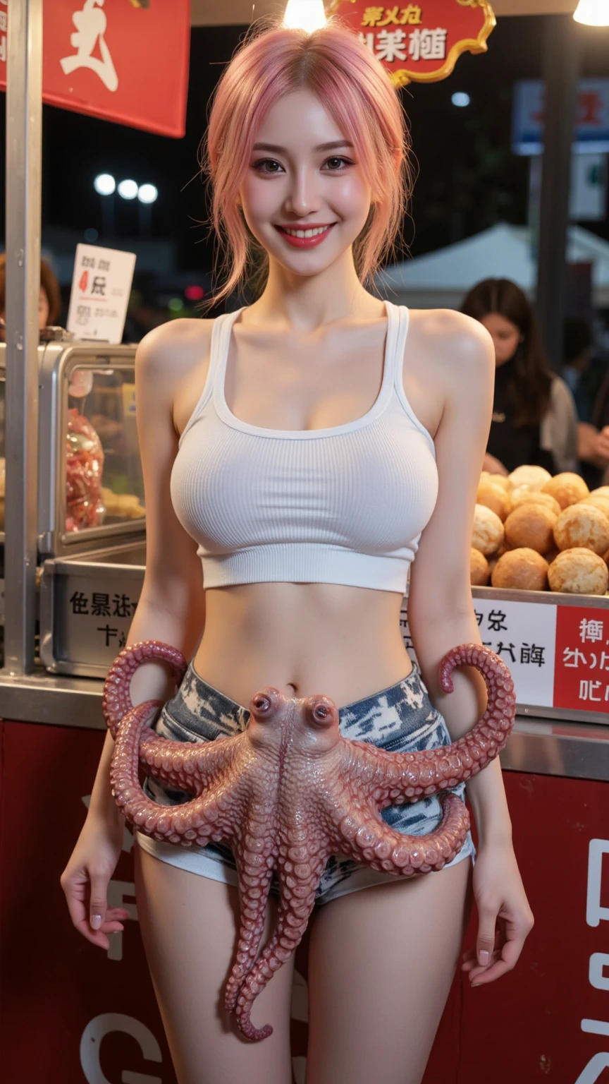 photorealistic, a woman with a big smile on her face. She has an octopus stuffed into her shorts, and tentacles poking out of the leg holes. She's wearing micro athletic shorts, and has various neon hair colours. She also wears a cropped and ribbed tank top clinging to her perky breasts, with ((erect nipples under the fabric)). She stands at a takoyaki food stall. The octopus in her shorts squeezes her thighs with it's tentacles.