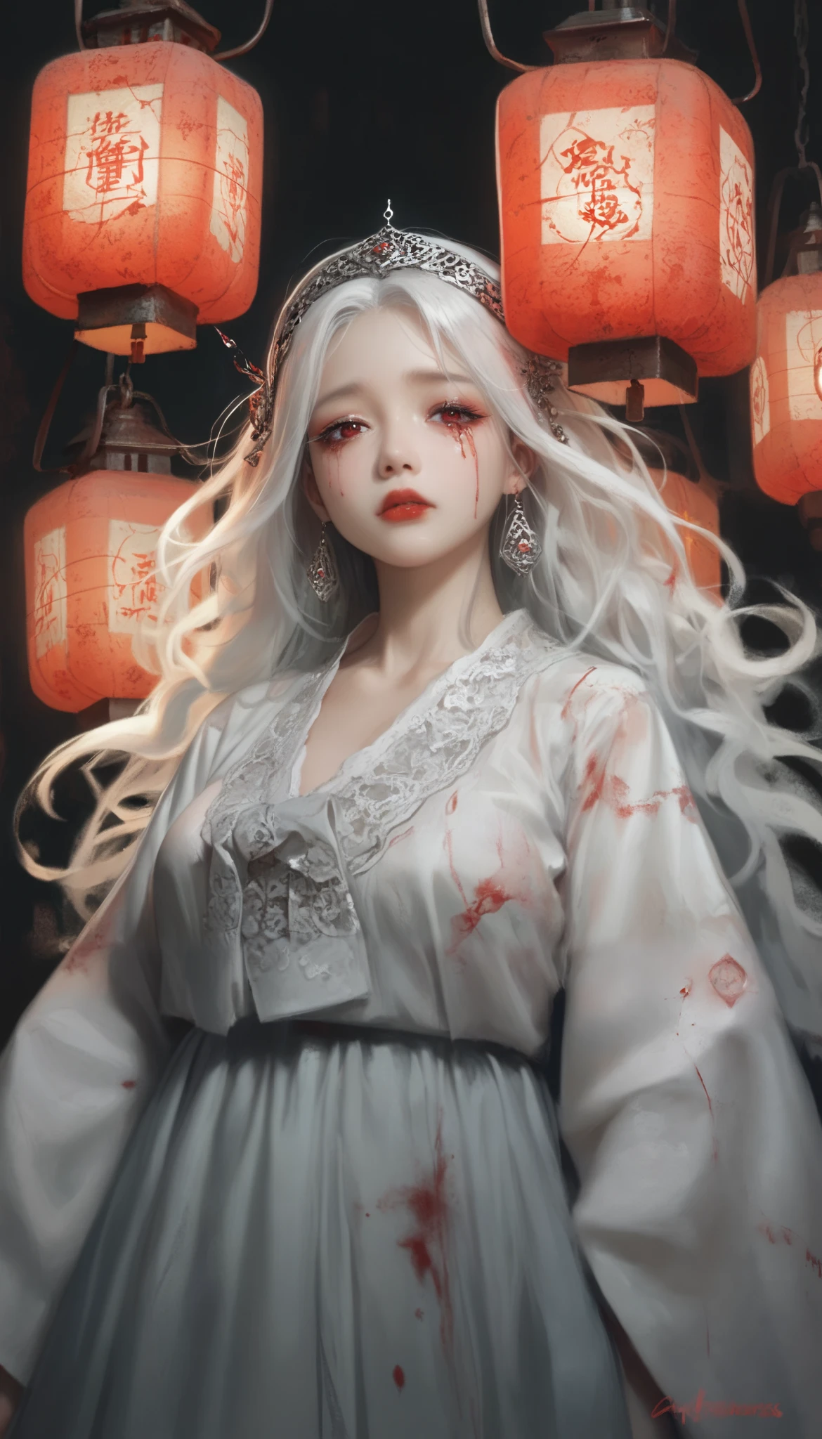 (masterpiece,   best quality  :1.2),  1 woman,   alone, Maiden Ghost Monster,   Korean , Hanbok,  White Sobu , White hair, Joseon dynasty houses, (  huge boobs   :1.4),   Red Eyes, Lantern  ,   very long hair  ,  clear skin ,  Black Eye Line , Red lips, sad expression, Shedding tears of blood,  cool atmosphere, 