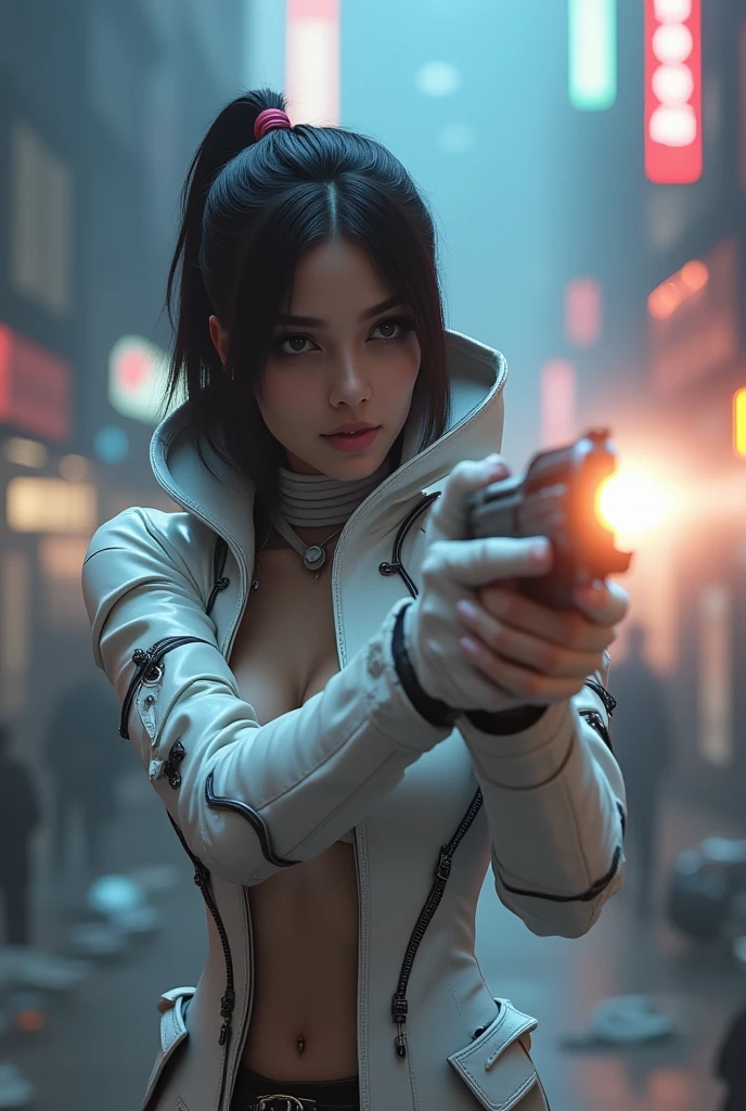  This image shows a beautiful Indonesian woman ,wearing cyberpunk outfits with white armor elements, outpost aiming at targets with a sinper amid the backdrop of a ruined city, with smoke and fire in the distance .