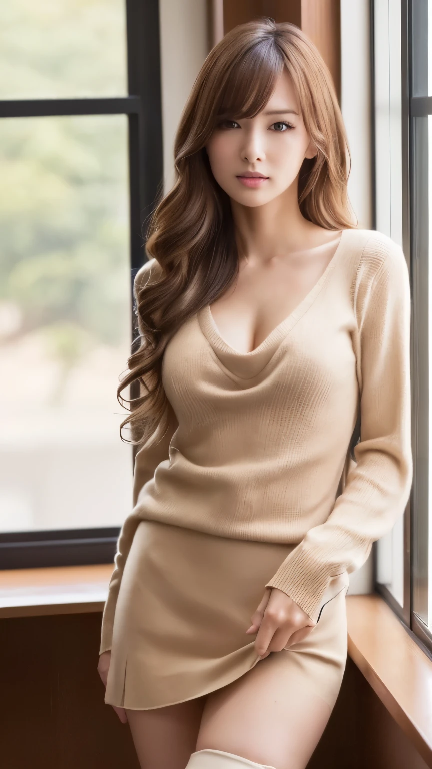Highest quality　Glamorous　Curvaceous　Fair skin　Staring at me_Seductive pose_Close-up shot　Brown_Long sleeve_V-neck_knit　Angle from the front　Clean room　Natural light