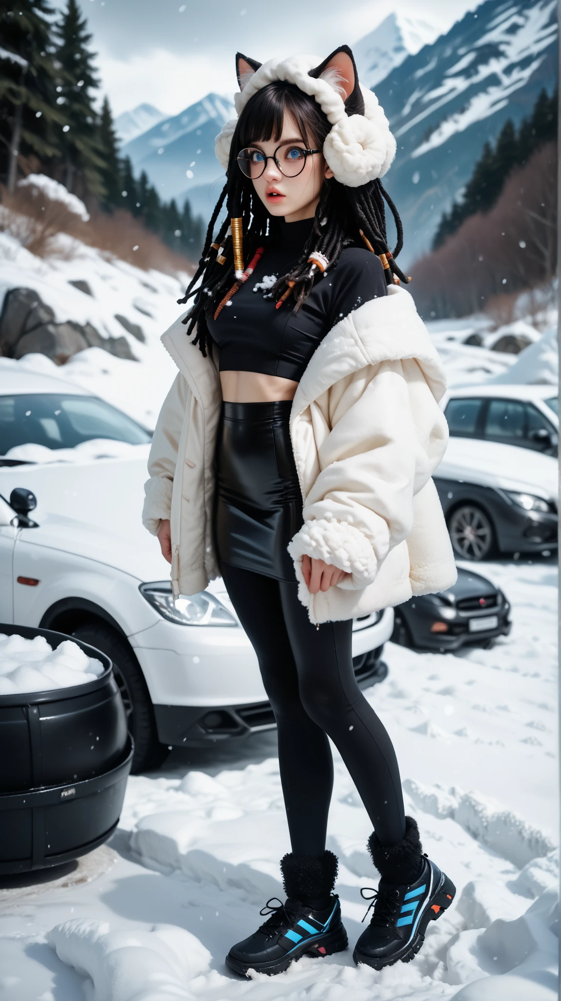 ( best quality, heavy mountains :1.2),  is very detailed , Realistic picture, sexy Russian girl, pretty face, Perfect long legs ,  full body,  small waist.  movie XL , Familiar,  tight short jacket in white ,  High-waisted black skinny pants ,  pink and white snow shoes, In the snow,  big blue eyes ,  long black hair tied with , Dreadlocks,  tight short skirt with high waist ,  wool socks , Hair surprise ,  snowfall , hazy, ( big black glasses with round frame ),  cat ears Full body  