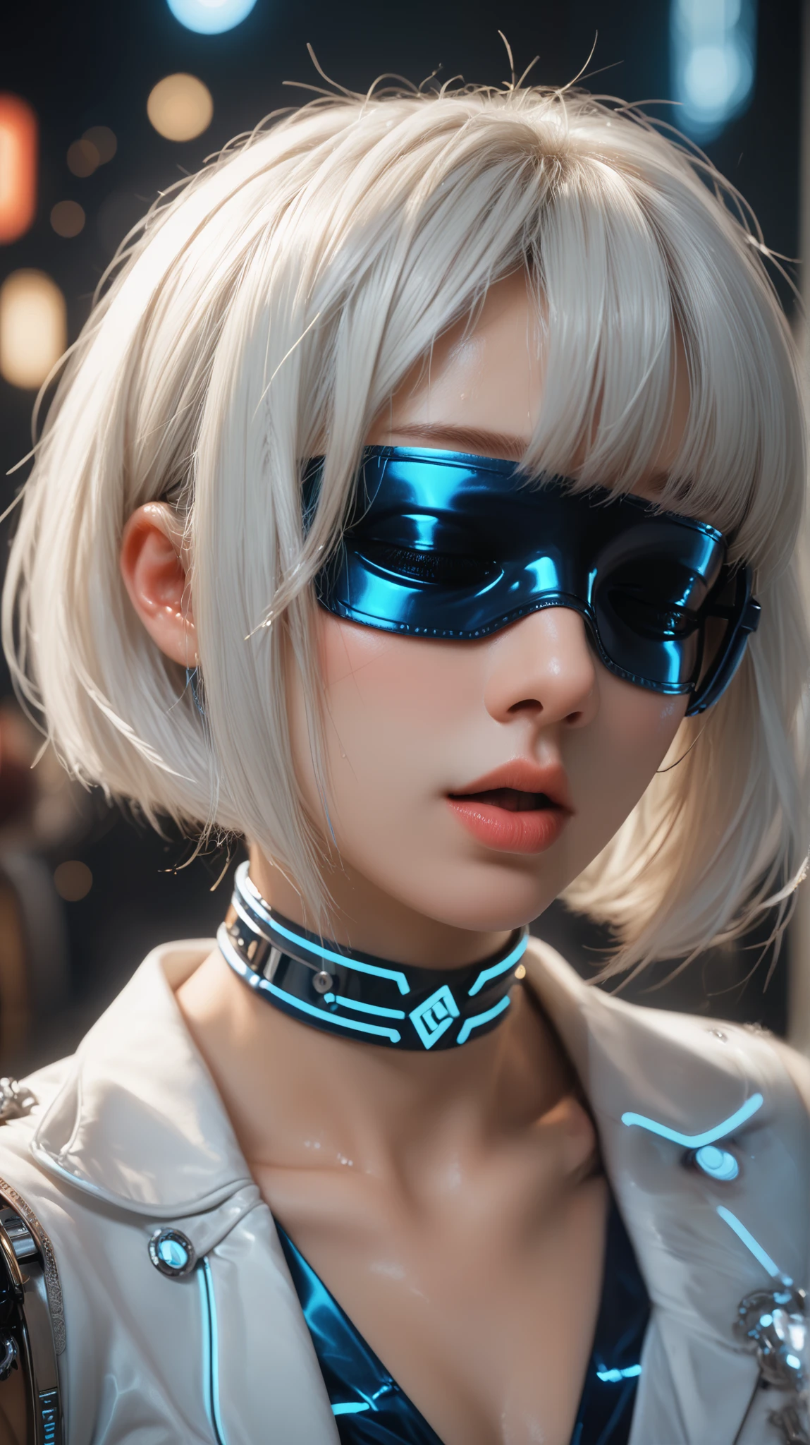  result_9,  result_8_higher,  result_7_higher, 32K, is a wonderful painting, higher جودة, 
 Realistic picture , shigherer detail,  vibrant colors ,  Chiaroscuro lighting ,  cinematic lighting ,
1 woman,  inspired by Nair Automata 2B ,
 short haircut , white hair,  Bangz , A spot under the mouth ,  blindfold ,
2B Lyotard , Neckline,  blank scene ,
 attractive situation ,  legs . shiny white leather clothes decorated with strong blue neon stripes 
