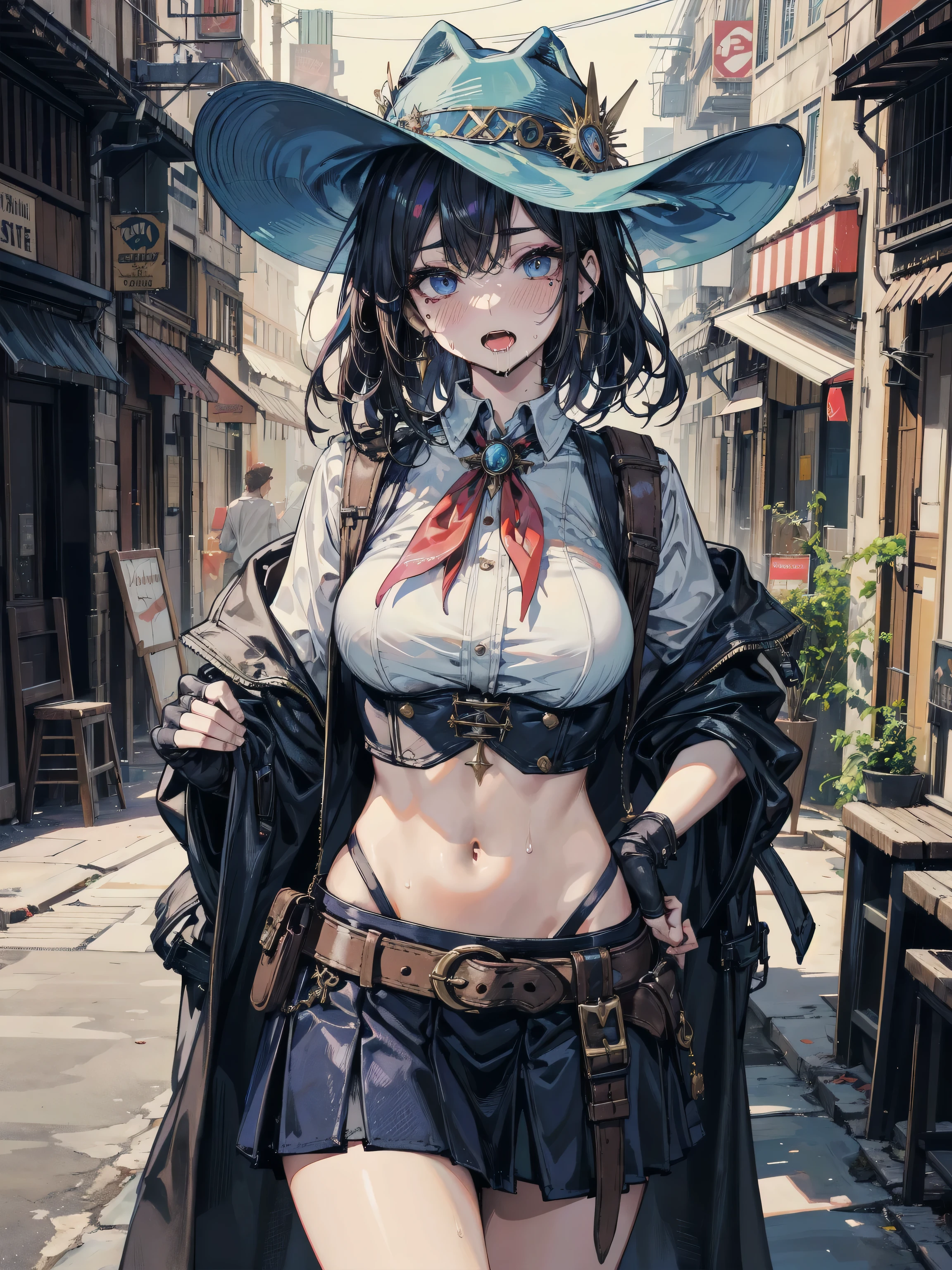 absurdres, RAW photo, extremely delicate and beautiful, masterpiece, Best Quality, ultra high resolution, 32k, hyperrealistic, ultra-detailed, detailed description, perfect anatomy, pale skin, 20 years old, detailed beautiful face and eyes, tearful mole, earring, short medium hair, wavy hair, full body shot, colossal tits, cowgirl costume, vest, cowboy hat, fingerless gloves, midriff, neckerchief, short skirt, holster,