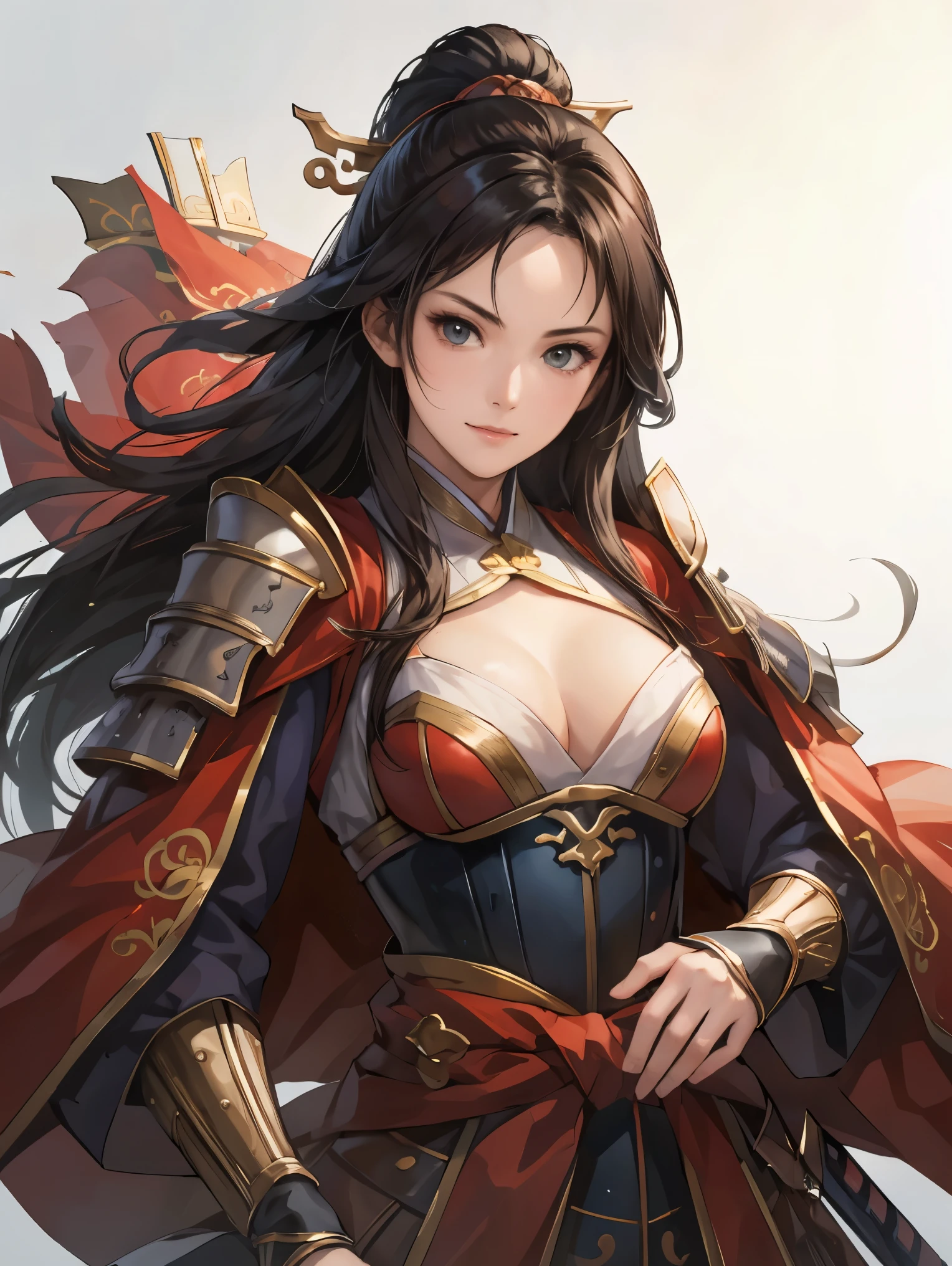 beautiful woman with dark hair :1.3, Stunning Character Art , Hanfu,(( pure white background)), ( best quality ), handsome,Beautiful female knight, 2. 5D CGI fantasy artwork, detailed digital art , Very nice work of art, fan Art Best Art Station, ( red cloak ),(warrior:1.2) expressionless, accurately drawn hands 、 I'm putting my hands on my lower back, facing forward、Chinese Armor,From the waist up、One woman、 Faint Smile 、White space above the head,masterpiece, Perfect picture, Realistic Drawing , The chest part of the armor is wide open 、 Her Breasts Are Exposed 、