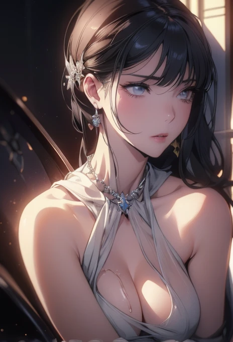 A woman with long dark hair ,purple and blue gradient eyes ,perfect body, detailed body and detailed eyes, masterpiece, best quality,aesthetic, ultra-detailed, 8k