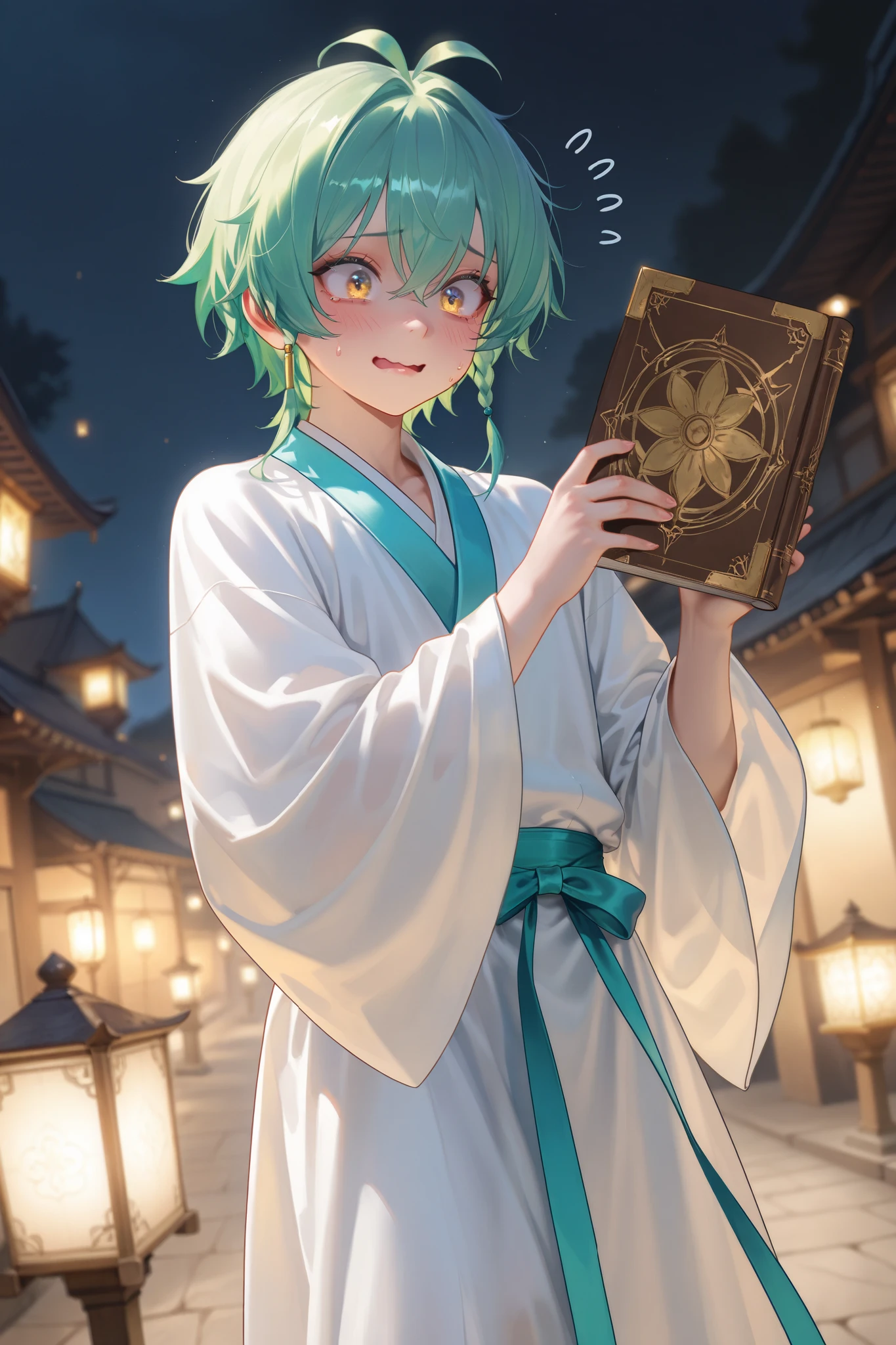 masterpiece, best quality, detailed eyes, semi realistic, 8k, boy, short green hair, white hanfu suit, blue durumagi, golden eye, holding old oriental book, clumsy, nervous face, cute face, night river background, solo charactor, gat
