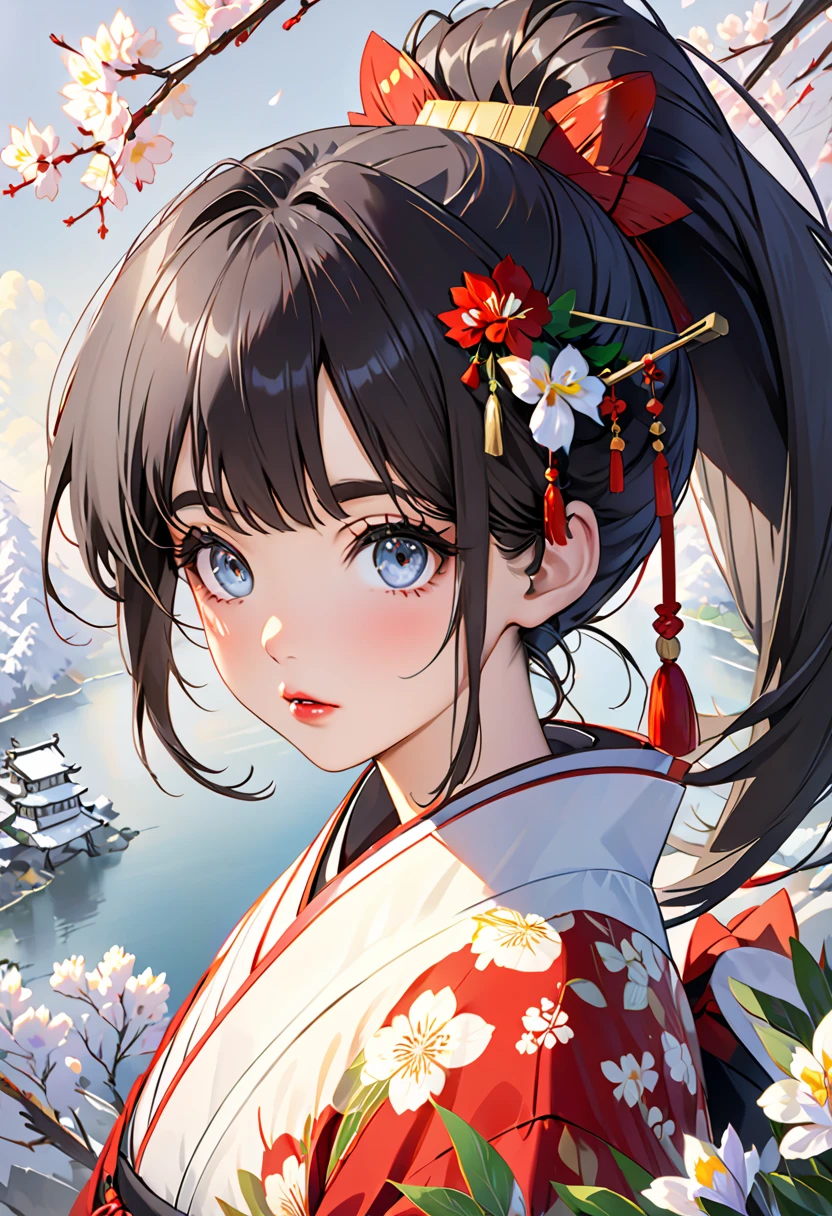 Yan,Thin eyelashes,Droopy eyes,Thick lips,Thick eyebrows,Eyes small, darker than your age,Gray Hair,whole body, ponytail from below the surface,Iris flower hairpin,New Year's pine decoration