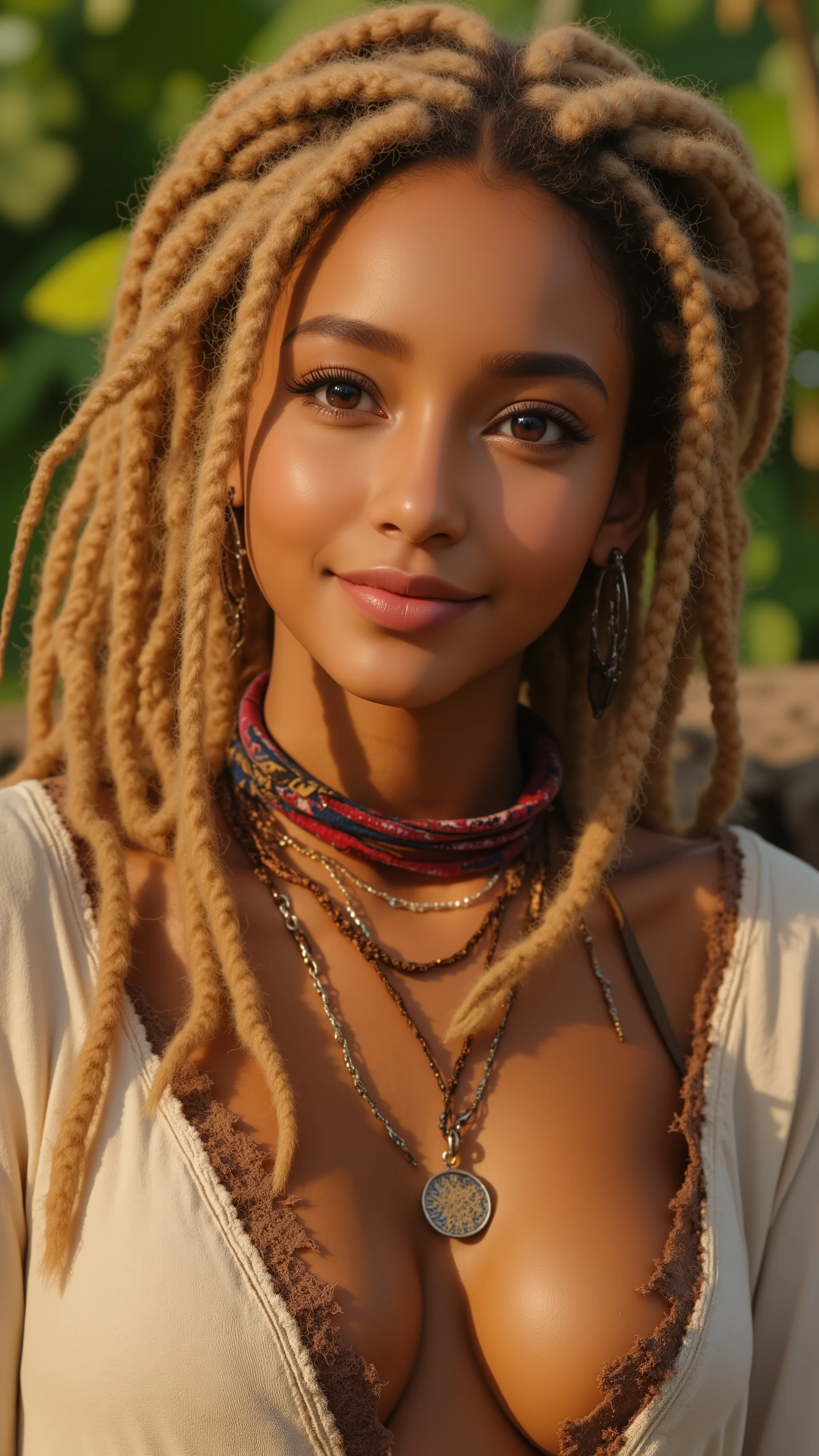 32k, Masterpiece, top quality, A photorealistic portrait of a woman with long blonde dreadlocks, wearing layered necklaces and a loose off-white top, warm smile, blurred background with greenery, --ar 16:9 --zoom 1.5 --style raw