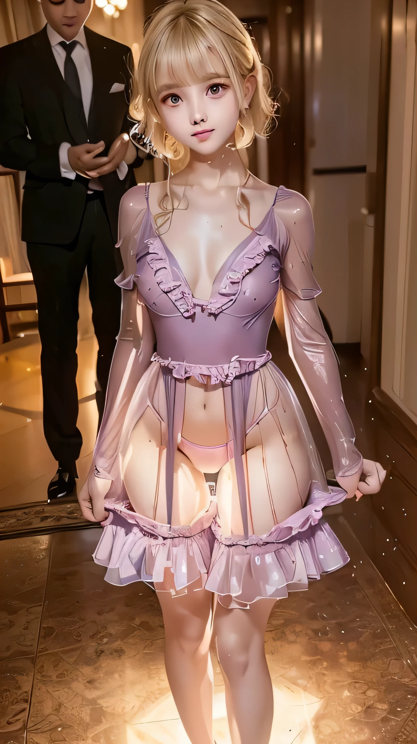score_9, score_8_up, score_7_up, score_6_up, score_5_up, score_4_up, (8k, hd, best quality, masterpiece), (extremely detailed: 1.1), (ultra hyper-realistic photo: 1.2), (a famous actress blonde beautiful delicate  thin: 1.2), like a movie star, modelshoot style, hands on waist body sideways, photo of the most beautiful work of art in the world, majestic professional oil painting by Ed Blinkey, Atey Ghailan, Studio Ghibli, by Jeremy Mann, Greg Manchess, Antonio Moro, sharp focus, dramatic and photorealistic painting art by midjourney and greg rutkowski, ((wearing an exotic long pink bodycon dress open neckline off-shoulders:1.3), ((film premiere)), ( (standing at the entrance of the theater on the Oscars red carpet)), (many photographers and paparazzi in the background), (modern clothes :1.2), (large and swollen nipples under clothes:1.3), (freckles on moist breasts sweat:1.2)), (showing side of perfect breasts:1.3)