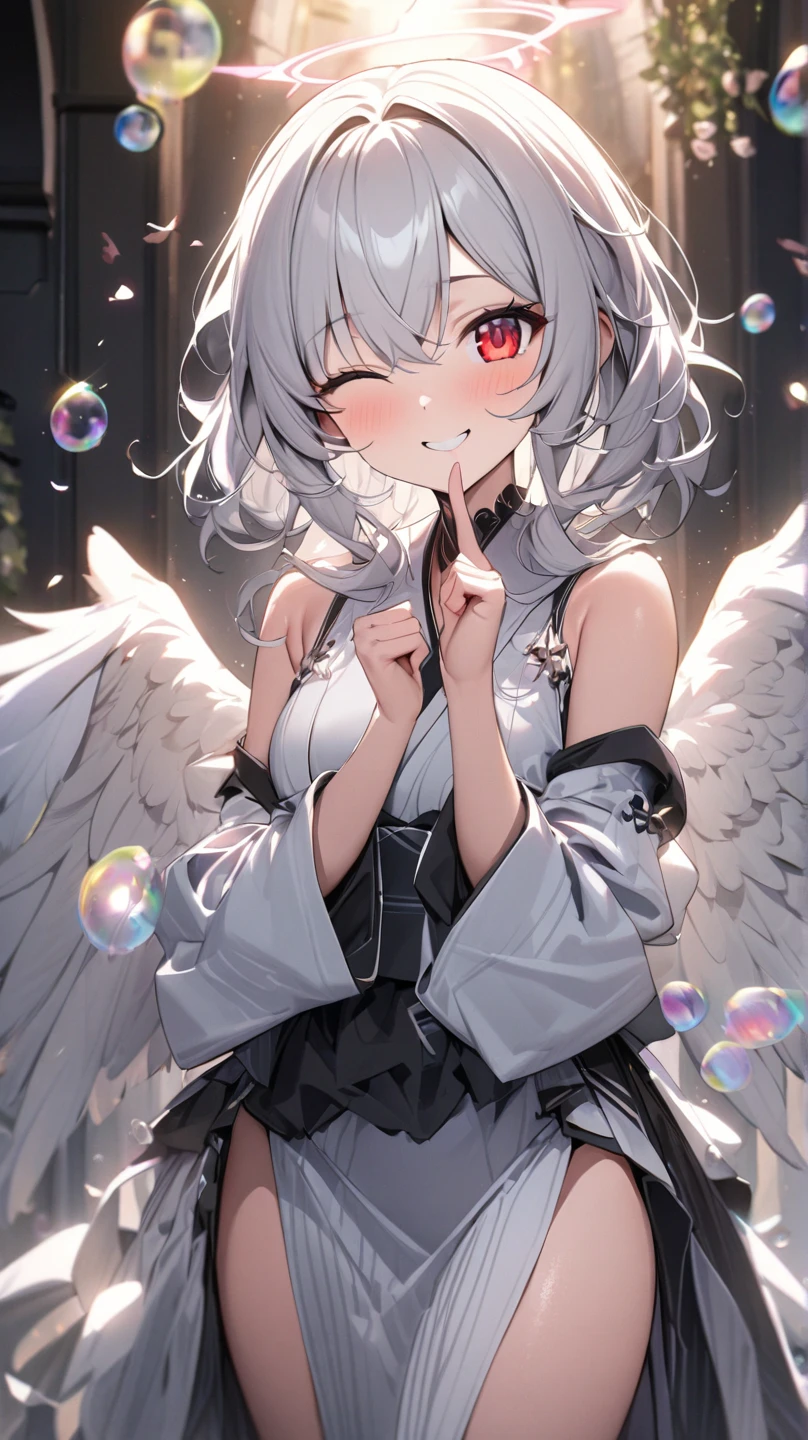 (Highest quality、High resolution、8K、masterpiece:1.2)。Look away、Open your mouth、Pink Eyes、Silver Hair、Heart shaped pupil、teeth、tongue、tongueを出す、（Original Character, (1 Girl)、Perfect Face、((short hair:1.2))、(Hair above one eye:1.3)、[[Disheveled Hair]]、Colorful Hair、Detailed eyes that shine、Light and shadow、Glowing Skin、 (Curvy but slim), ((High angle shot))、Sexy look、Use something sexy、（background：Mountain、岩Mountain、forest、nature）Full body、bracelet、necklace、Wild child、Wild childスタイル、Disheveled clothes、sunglasses、Follow the Silver Wolf、Tarzan、natureで育った、