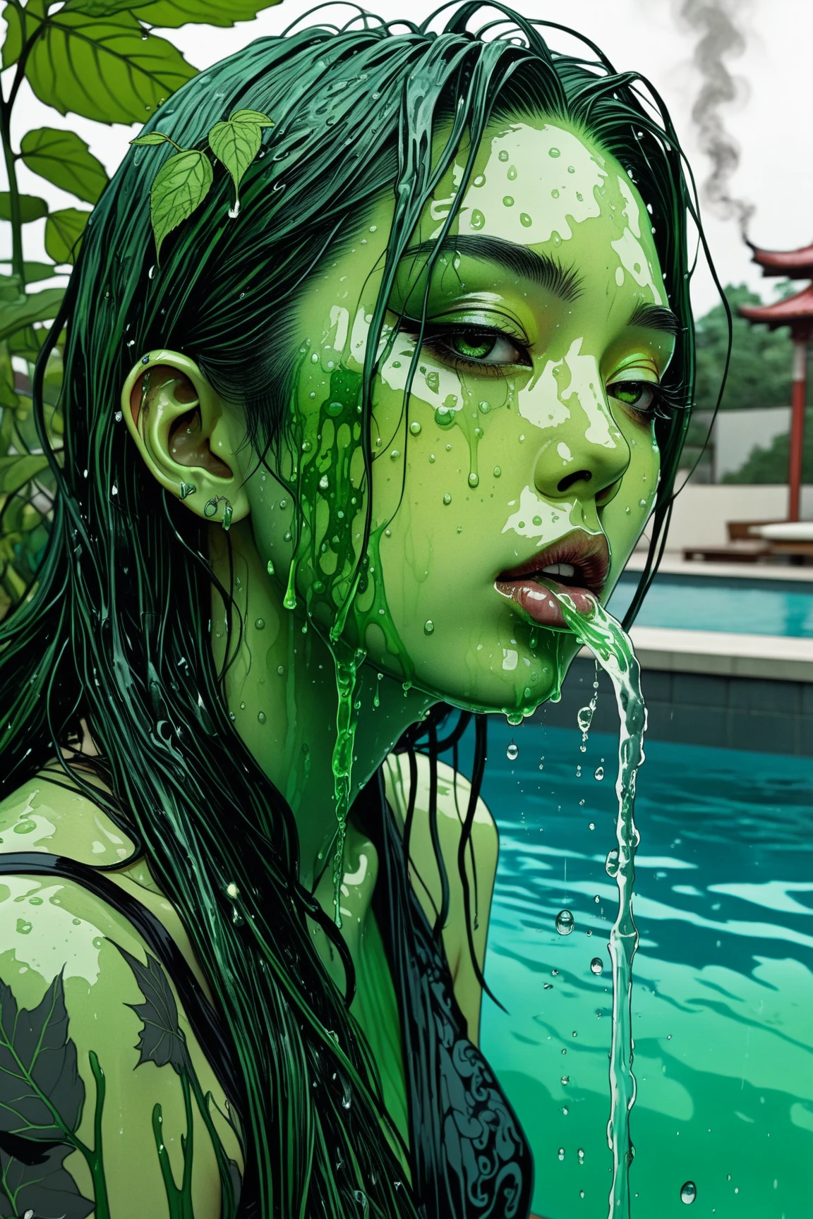 jungle battlefield，Black twist braid，green sunglasses，Middle Eastern face shape，Thin lips，Bright green loose fishnet combat dress，Black non-slip gloves，Open the chest，Expose the lower half of the breast，Breast areola, Slow motion raining with water droplets. watery wet clothes, curly body, unsheath and swing her katana in action movie style. katana splashing the water droplets in half. cut water droplets deform and diffuse with light. the image embossed and popup the pretty lady face rought. stormy background. Half body side angle tilt view camera shot that emphasize realism of rain droplets, lady and katana with stunning camera lens blur effect. ultra detailed, (realistic, photorealistic, photorealistic: 1.37), /8K, --auto --s2