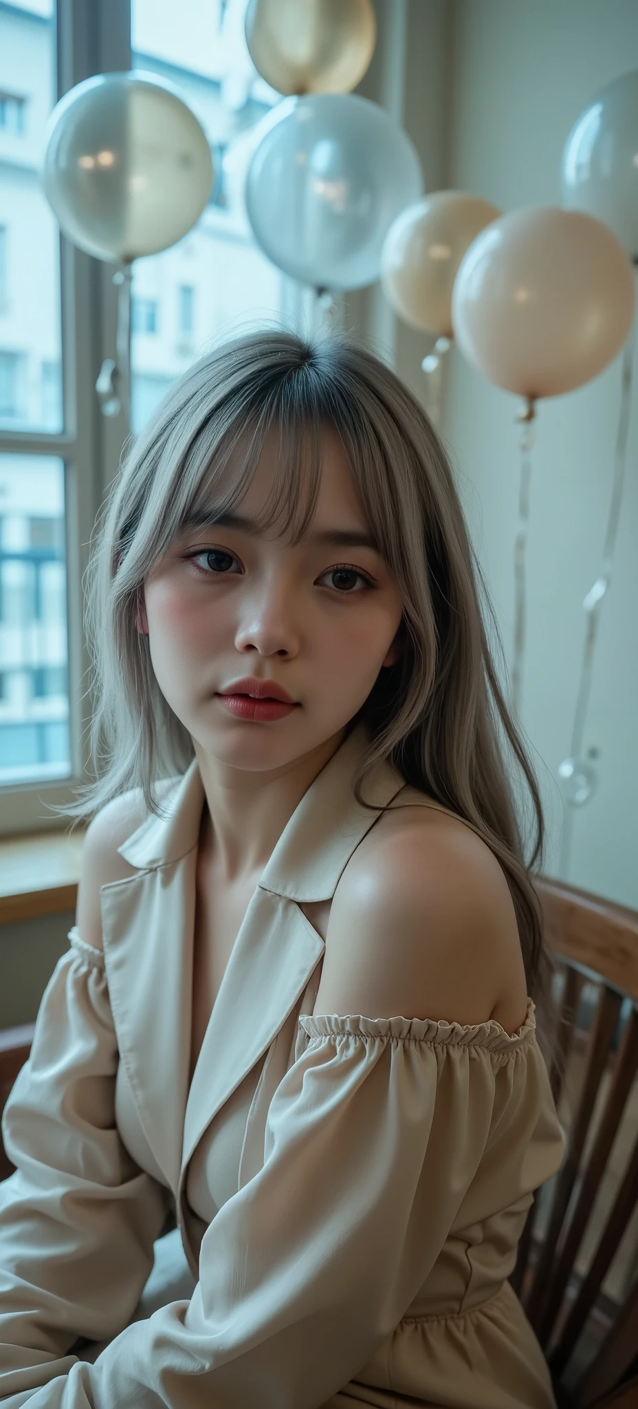 (best quality, masterpiece, ultra-detailed), 1girl, (silky gray beige bang hair:1.3), (delicate mode-style outfit:1.2), sitting on a chair, (transparent balloons:1.4) floating in the room, looking into the distance, cinematic lighting, soft shadows, cold atmosphere, ((background color pale blue:1.4)) intricate details, photorealistic