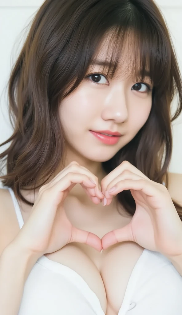    A close-up of your face is a posture wearing an attractive camisole,  Make a heart shape in front of your chest with both hands ,   Cute Smile Up、  It's on a solid color background 