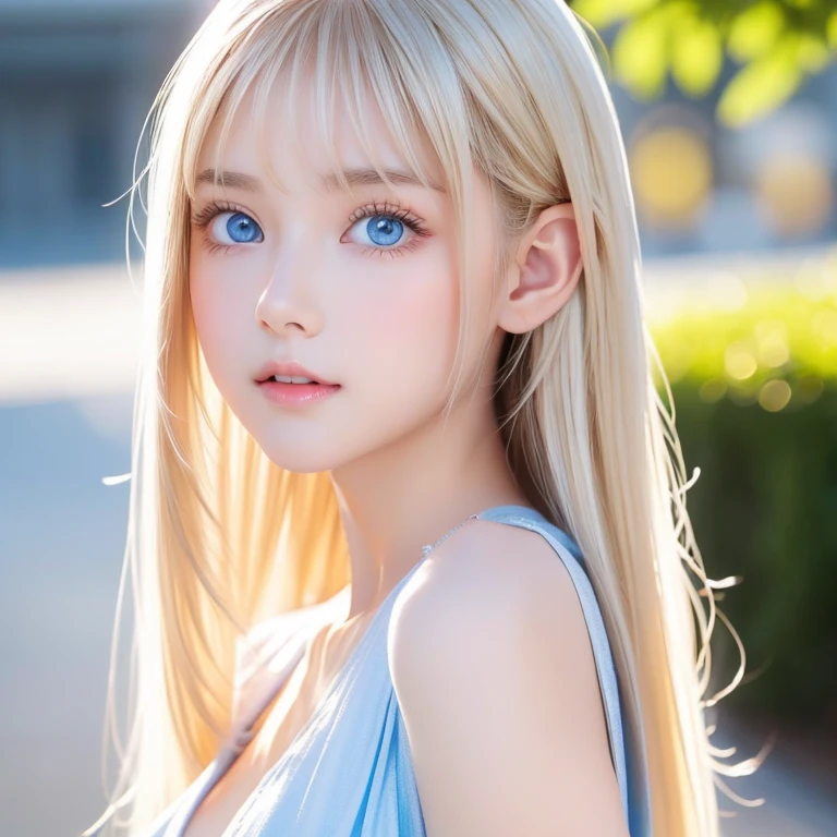Portrait、、Bright expression、ponytail、Young, lustrous, glowing, white skin、Cheek highlight、The best beauty、Clear, silky blonde hair with dazzling highlights、Shiny bright hair,、Super long silky straight hair、Shiny beautiful bangs、Big bright blue eyes like sparkling jewels、Very beautiful lovely cute 16 year old girl、Ample Bust
