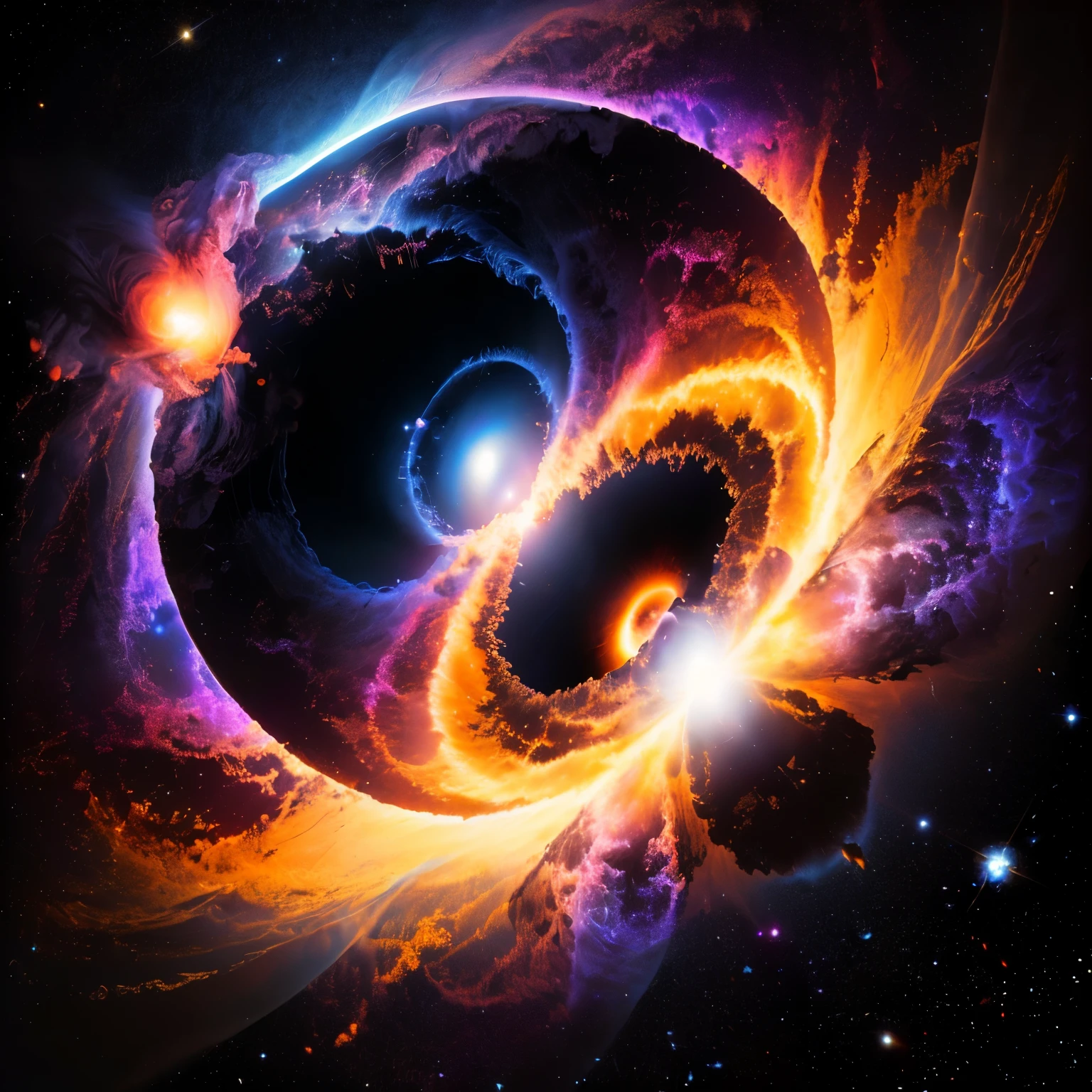 A black hole with a bright orange and red swirl in the center, Coming out of a black hole, accretion disk of a black hole , Inside a black hole , black holes in space , black hole time portal coming out of a black hole , are being sucked into a black hole, planets are colliding , wormhole s, abstract black holes in space , Black Hole Event Horizon, wormhole , in the center is a giant black hole from an interstellar movie , Super High Definition, high definition , High Quality , plasma clouds 、gravitational radiation 、 swirling chaotic light 、 emits huge plasma jets vertically from the center 、