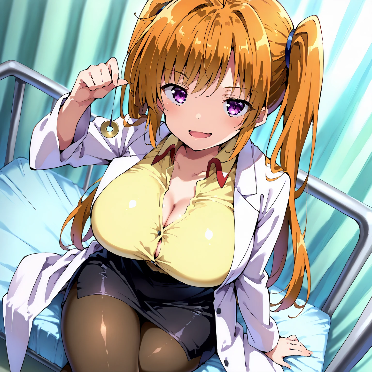 score_9, score_8_up, score_7_up, 1girl,solo, seductive, medium breasts,
blurry background, unclear background, in a hospital room, she is holding a pendulum in one hand \(hypnotist holding a pendulum\), ((holding pendulum)), holding string, perfect hands, looking at the viewer, one hand up, sexy smile, smirk, open mouth, bare hands, open mouth, sitting, crossed legs, ((pencil skirt)), black skirt, masterpiece, high quality, absurd resolution, beautiful hands, masterpiece, lab coat, white coat, long sleeves, yellow shirt, collared shirt, open shirt, cleavage, looking at the viewer, thick thighs, brown pantyhose,
long hair, twintails, orange hair, purple eyes, ahoge, IrinaSchool



