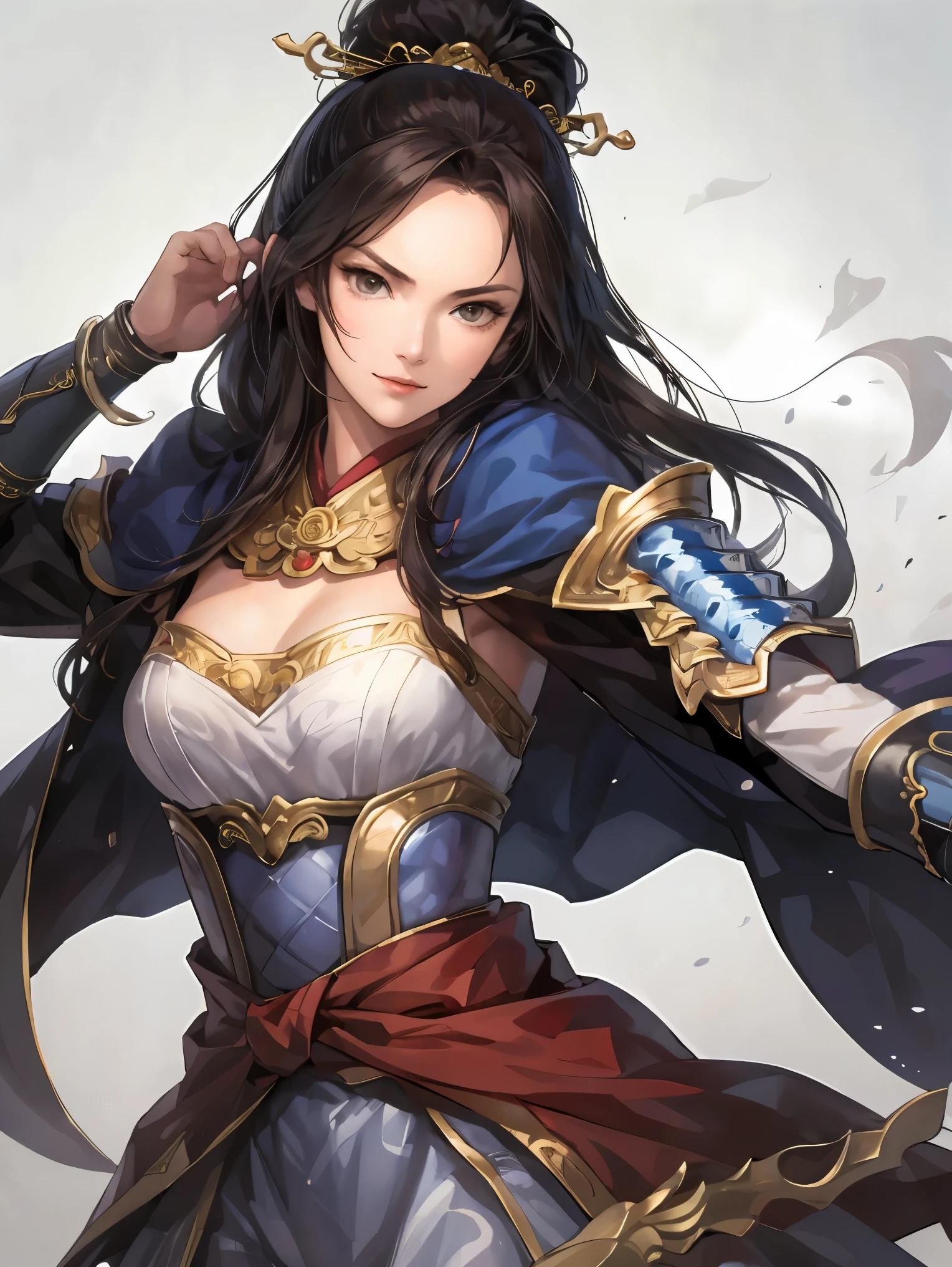 beautiful woman with dark hair :1.3, Stunning Character Art , Hanfu,(( pure white background)), ( best quality ), handsome,Beautiful female knight, 2. 5D CGI fantasy artwork, detailed digital art , Very nice work of art, fan Art Best Art Station, (black velvet long cape),(warrior:1.2)( expressionless),Exquisitely drawn hands 、 I'm putting my hands on my lower back, facing forward、Chinese Armor,From the waist up、One woman、 Faint Smile 、White space above the head, Black Armor、 The chest part of the armor is wide open、 breasts are exposed、