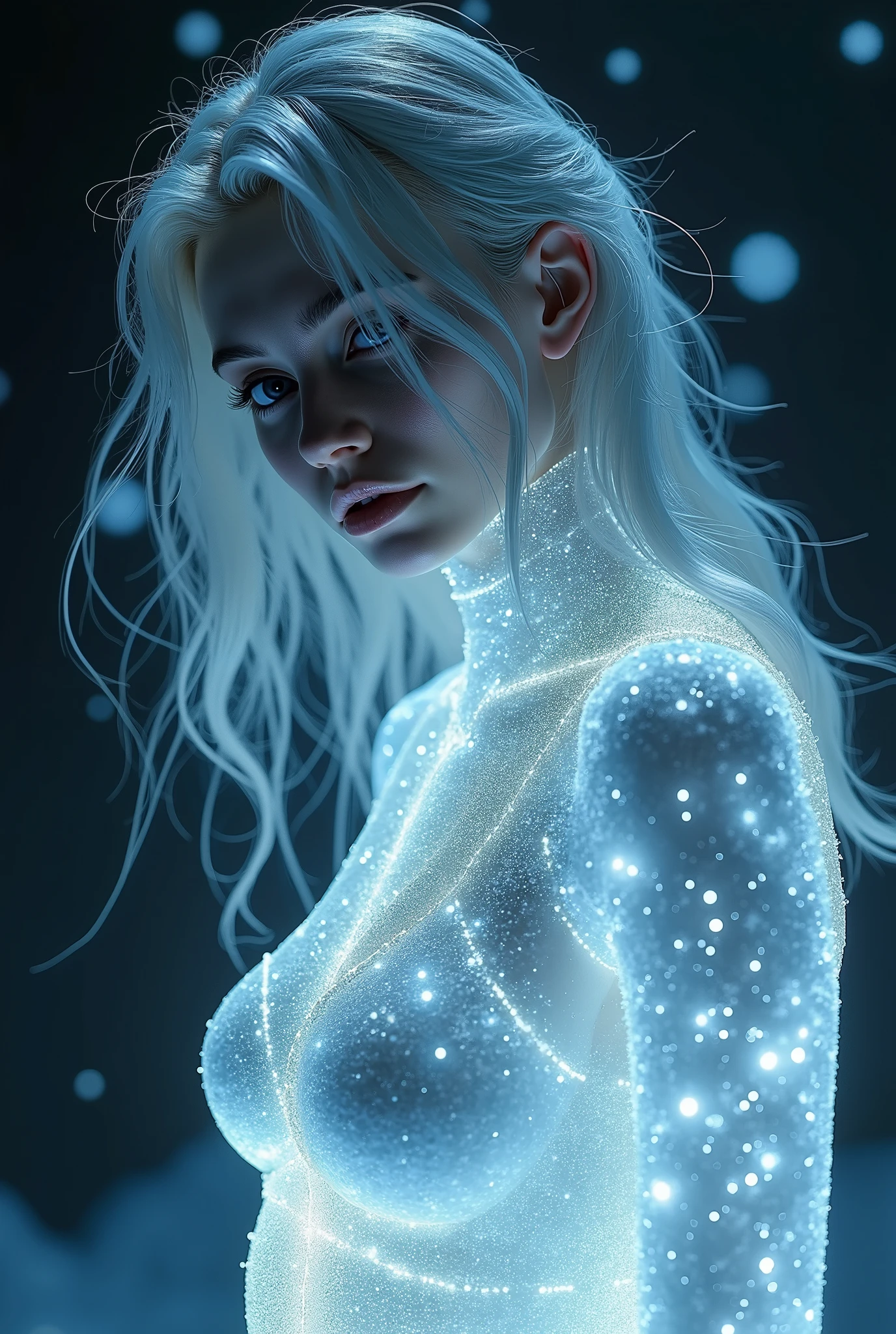highdefinition images、Pro Work 、Artistic、's greatest masterpiece、( Illuminated by Strong Light , ( surreal atmosphere , Fantastic、 digital art) , dramatic lighting , Detailed texture、 upper body、( A Pale Ice World ))、(pitch-dark background below freezing、 Shining Like Ice 、 Clear Skin,、 silver hair, Pure white skin、Ice Girl)
