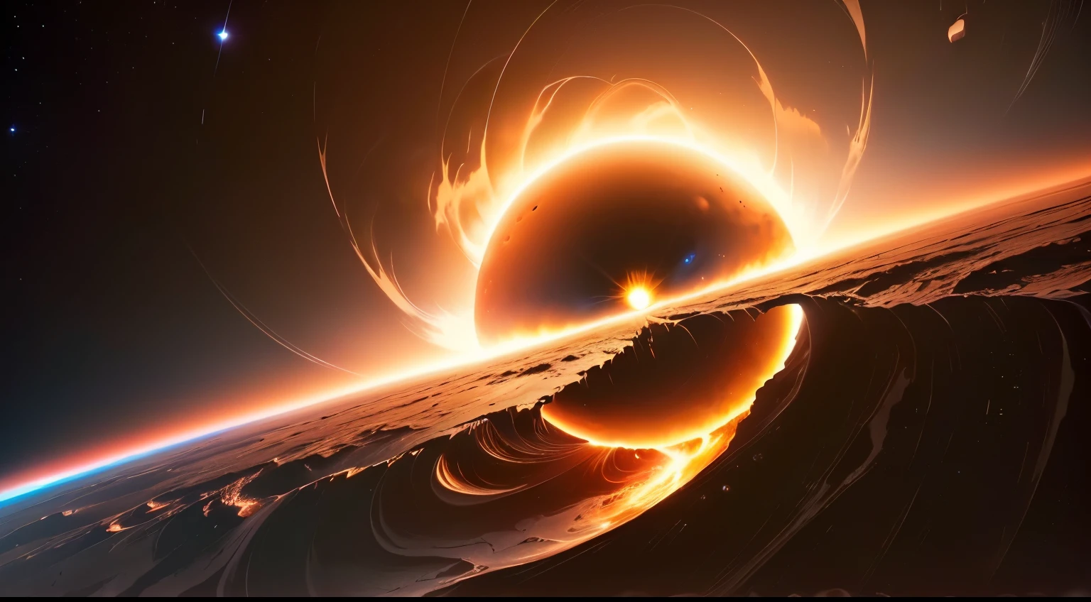  black hole with bright orange light in the middle, Black Hole Sun,  accretion disk of a black hole , Black Hole Sun ,  fractal burning halo ,  Black Hole Event Horizon,  Sun Flare Unreal Engine ,  planets are colliding ,  is being sucked into the black hole,  black holes in space ,  interstellar black hole , A magnificent and beautiful space science fiction,  Amazingly Spectacular Footage , in the center is a huge black hole from an interstellar movie, Super High Definition, high definition , High Quality , plasma clouds 、gravitational radiation 、 swirling chaotic light 、 emits huge plasma jets in a vertical direction from the center、