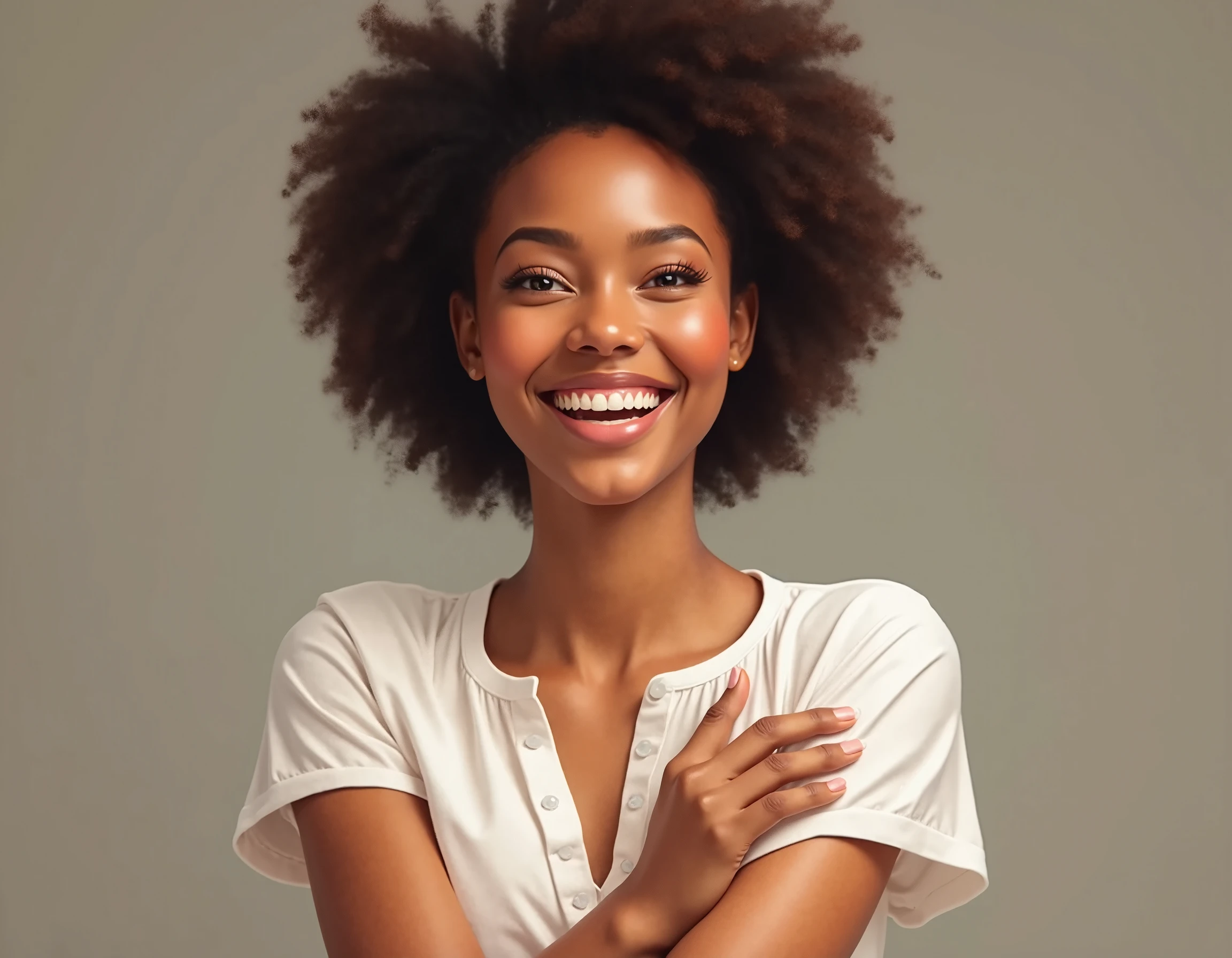A SMILING BLACK Brazilian woman, wearing a WHITE COTTON TSHIRT ROUND NECK WITH HANDS ON WAIST ON WAIST WHITE BACKGROUND
