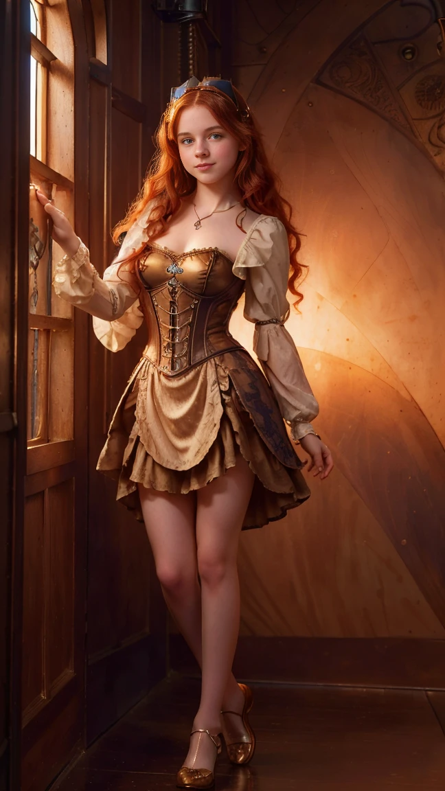 ((  full body illustration)),((   high resolution)), ((Univers Steampunk  )), ((pale skin)),   freckles, ((long, wavy red hair  )),  ((18 years))   girl :1.6, ((  Beautiful   girl :1.6)),with blue eyes,   cheeks blush  , Smiling, ((Middle Ages )), ((short medieval dress)),((Raise the dress and show her panties)),((Elegant Pose)),((  Masterpiece  )),((cinematic)),((   high resolution))