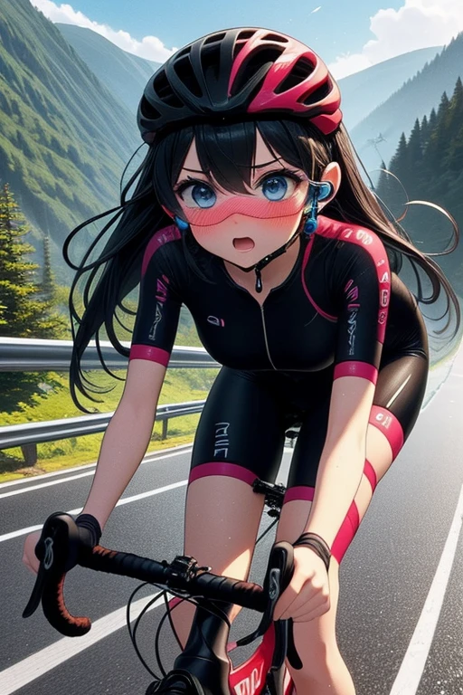 ((( masterpiece fails))), ((( top quality ))), ((( Ride a road bike))), descent,  a steep slope , eye mask, Earphone,  cycling shorts , wind, Speed line effect , One,  1 girl fights, tape,  long hair, split, big ,  shy .  style to blush,  orgasm