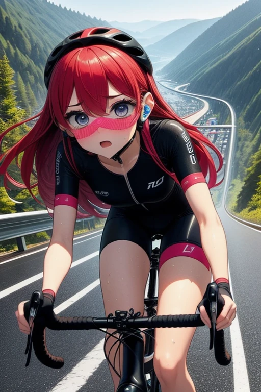 ((( masterpiece fails))), ((( top quality ))), ((( Ride a road bike))), descent,  a steep slope , eye mask, Earphone,  cycling shorts , wind, Speed line effect , One,  1 girl fights, tape,  long hair, split, big ,  shy .  style to blush,  orgasm