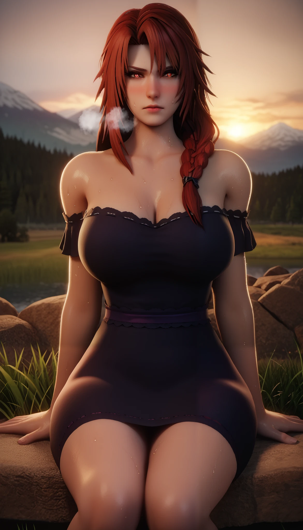 Score_9, Score_8_up, Score_7_up, bouqtm, Iris Midgar, red hair, long hair, braid, red eyes, BREAK detailed face and eyes, beautiful detailed lips, extremely detailed eyes and face, long-eyelashes, elegant, graceful, photorealistic, highly detailed,8k, best quality, masterpiece, ultra-detailed, vivid colors, dramatic lighting, dark fantasy, gothic, cinematic, excessive sweating, sweating profusely, sweating drop, (gasping, heavy breathing:1.3), BREAK, large breasts, stocking, 1girl, grass, solo, barefoot, sitting, breasts, mountain, sunset, dress, bare_shoulders, outdoors, looking_at_viewer, off_shoulder, field, sky, lake, collarbone, mountainous_horizon, indian_style, twilight, tree, black_dress, large_breasts, scenery, feet, off-shoulder_dress, rock, hollow eyes, red eyes, looking at viewer. heavy breathing, embarrassed, blush face, steaming face,