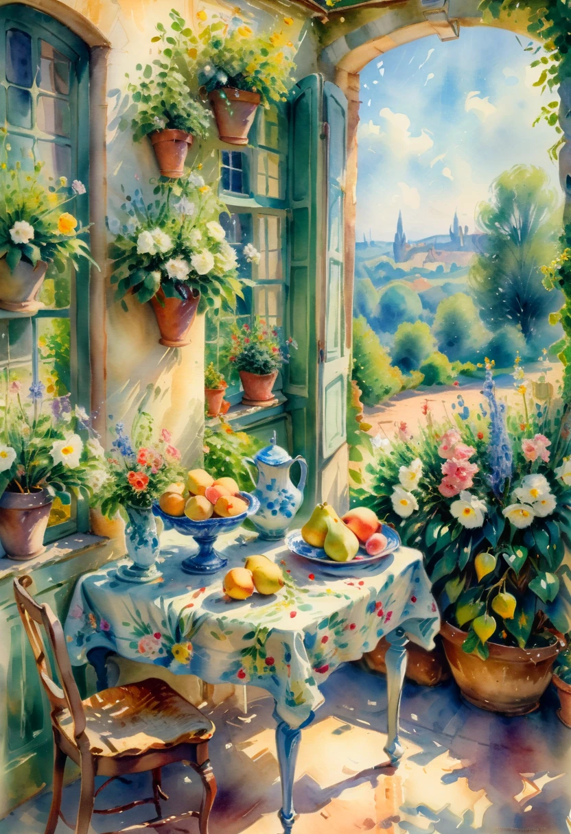 Close-up of a table，There is a vase of flowers on it, pleasant environment, (nobody)) Vintage Victorian style, Precise old
encyclopedia (best quality:1.2), (detailed:1.2),
(masterpiece:1.2), (vintage illustrations of a garden
at a sunny day, pear fruit on a plate, porcelian cup. There is a French garden, house kitchen on a sunny day, French countryside interior, author：Bernard D&#39;Andrea, Bright windows illuminate the kitchen, Architectural Digest, home and garden magazine, house and garden, Architectural Digest photo, summer morning light, There are flowers and plants, (floral watercolor painting:1.5)